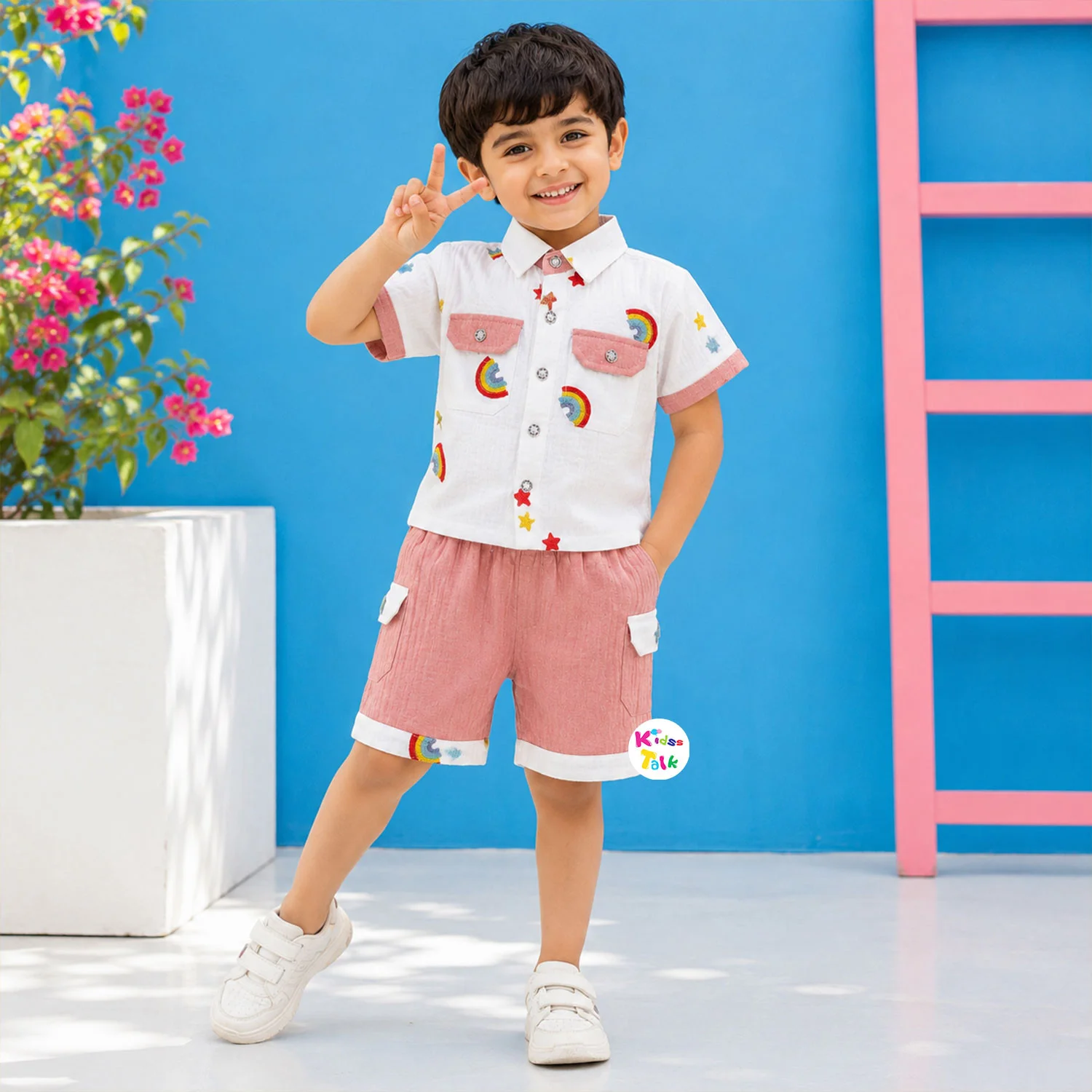 Muslin Half Sleeve Embroidered Shirt With Half Pant - Peach