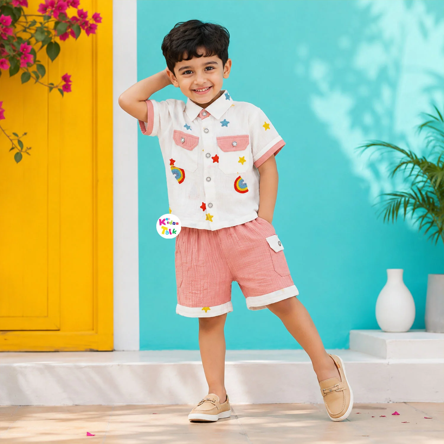 Muslin Half Sleeve Embroidered Shirt With Half Pant - Peach