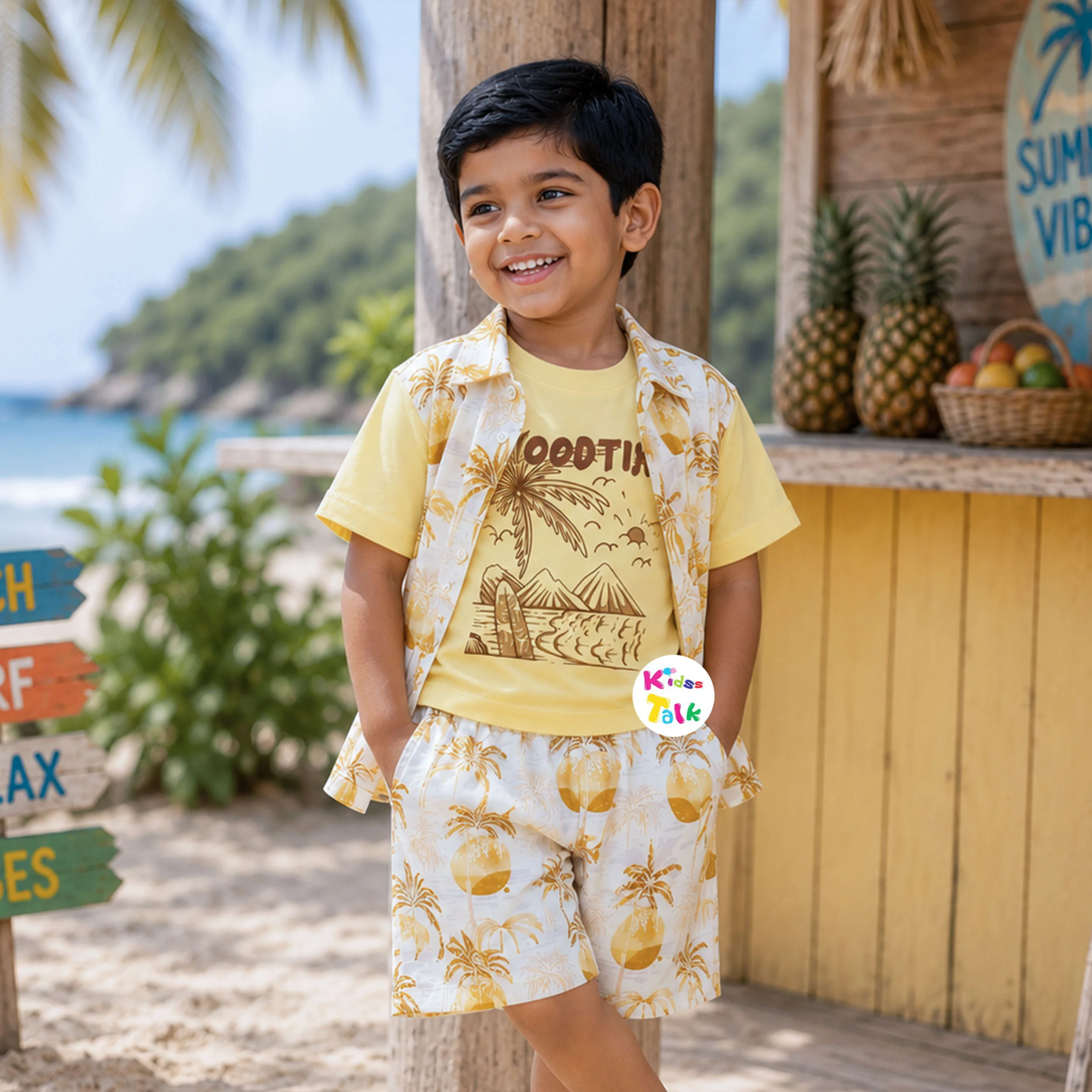 Cotton Sleeveless Printed Shirt With T-shirt & Half Pant - Mustard