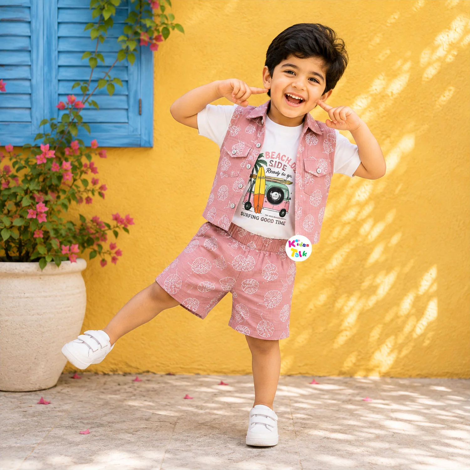 Muslin All Over Print Sleeveless Jacket With T-shirt And Pant - Onion Pink