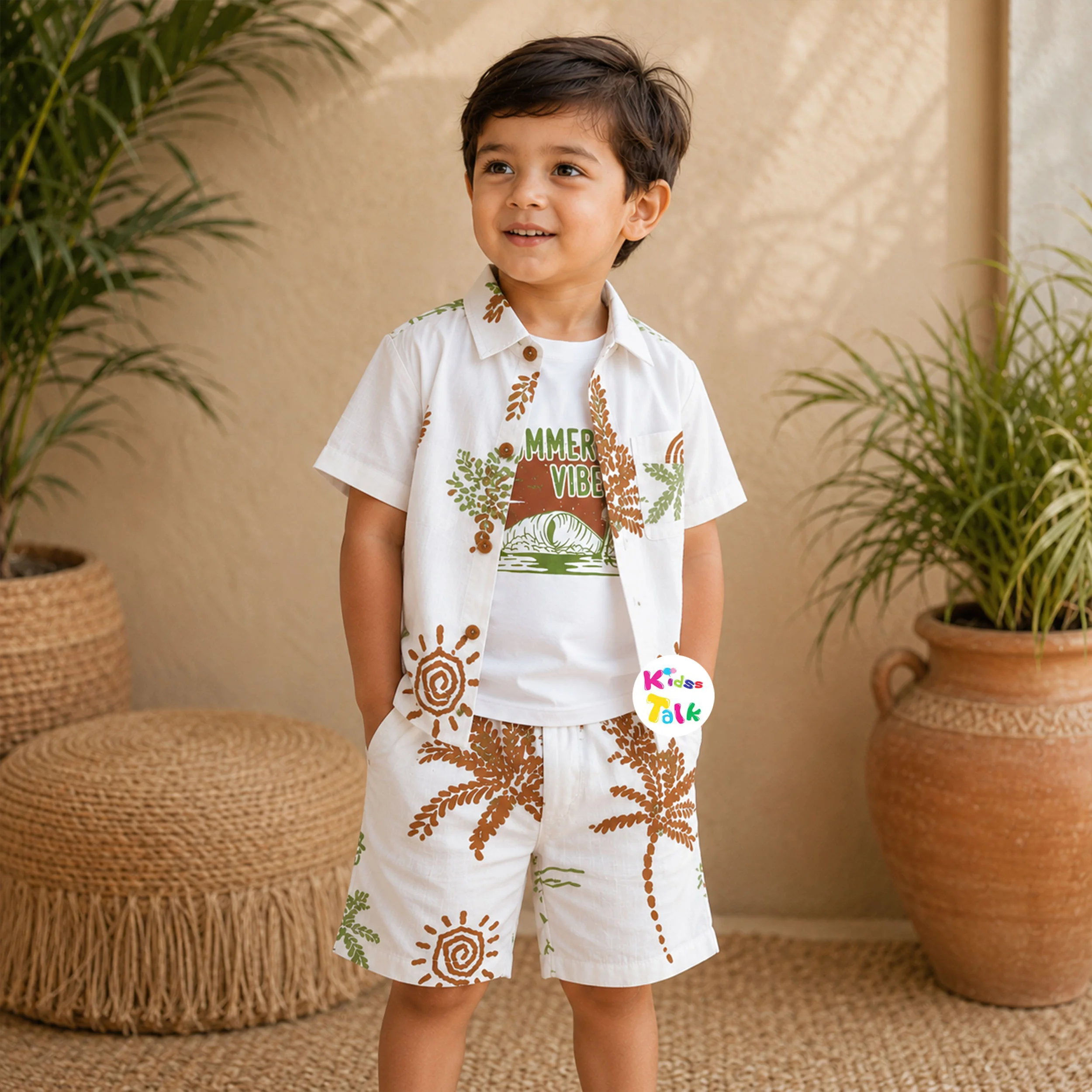 Cotton Sleeveless Printed Shirt With T-shirt & Half Pant - Green