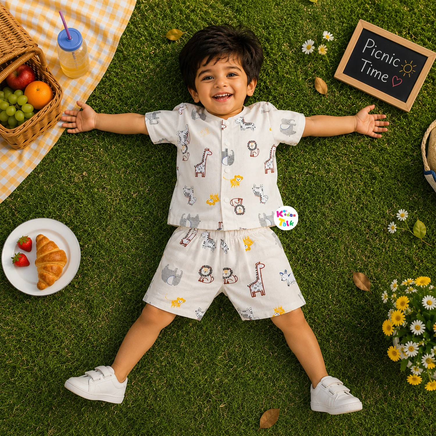 Muslin Half Sleeve Set With Cute Print - Cream