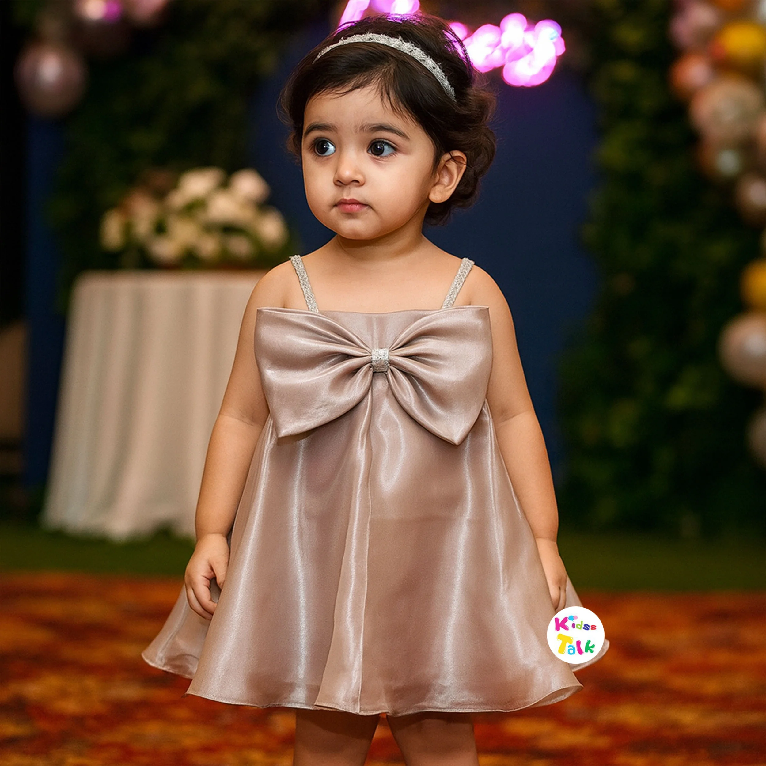 Satin Sleeveless Fluffy Party Frock With Bow Applique - Onion Pink