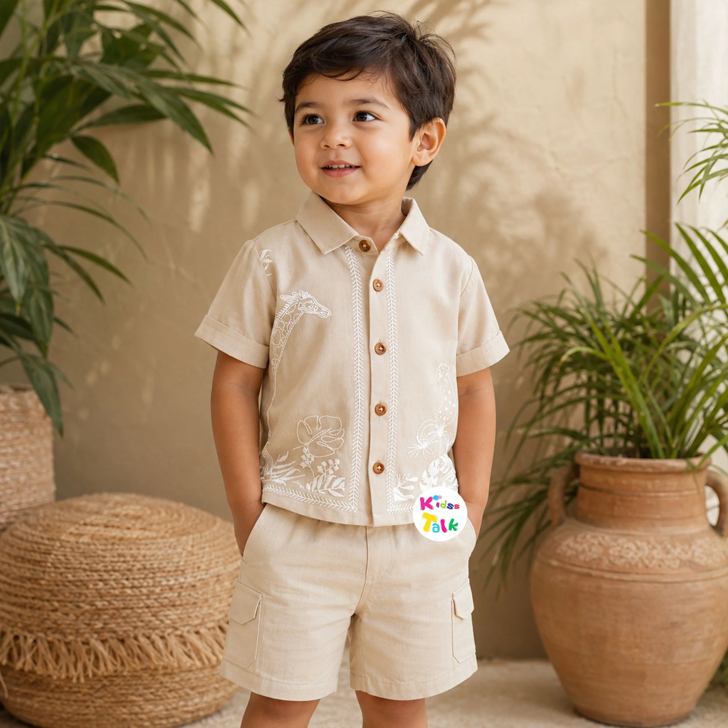 Cotton Half Sleeve Embroidered Shirt & Half Pant - Beige