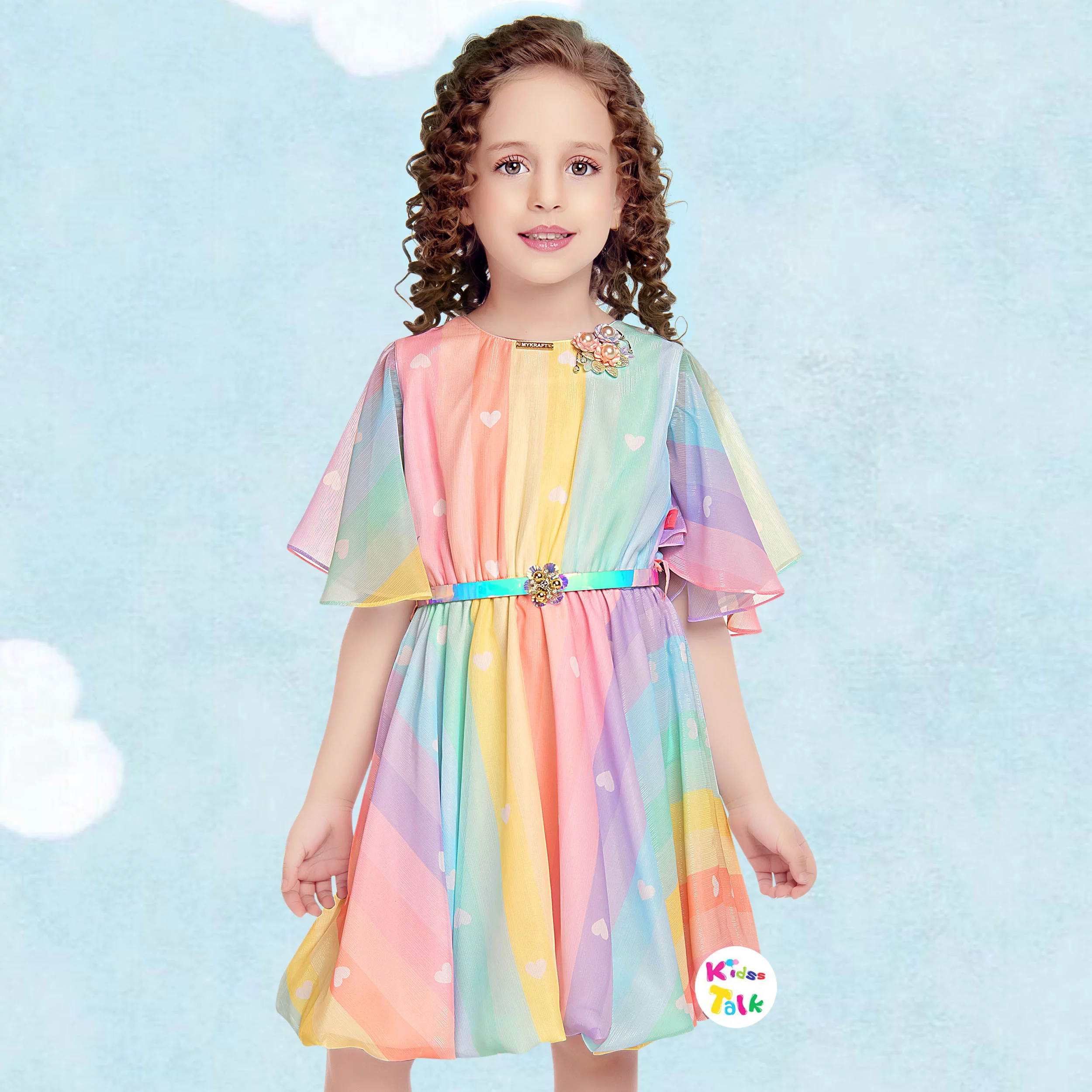 Soft Georgette Half Sleeve Rainbow Frock With Heart Print - Multicolour