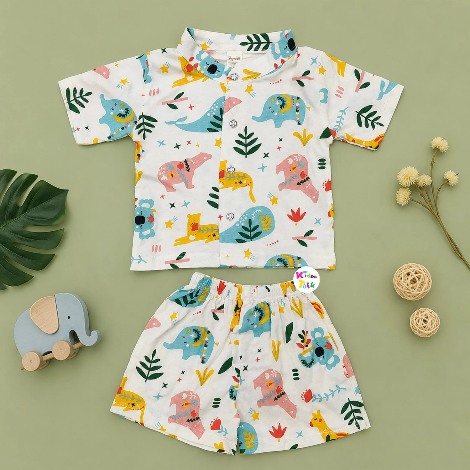 Muslin Half Sleeve Set With Cute Print - White
