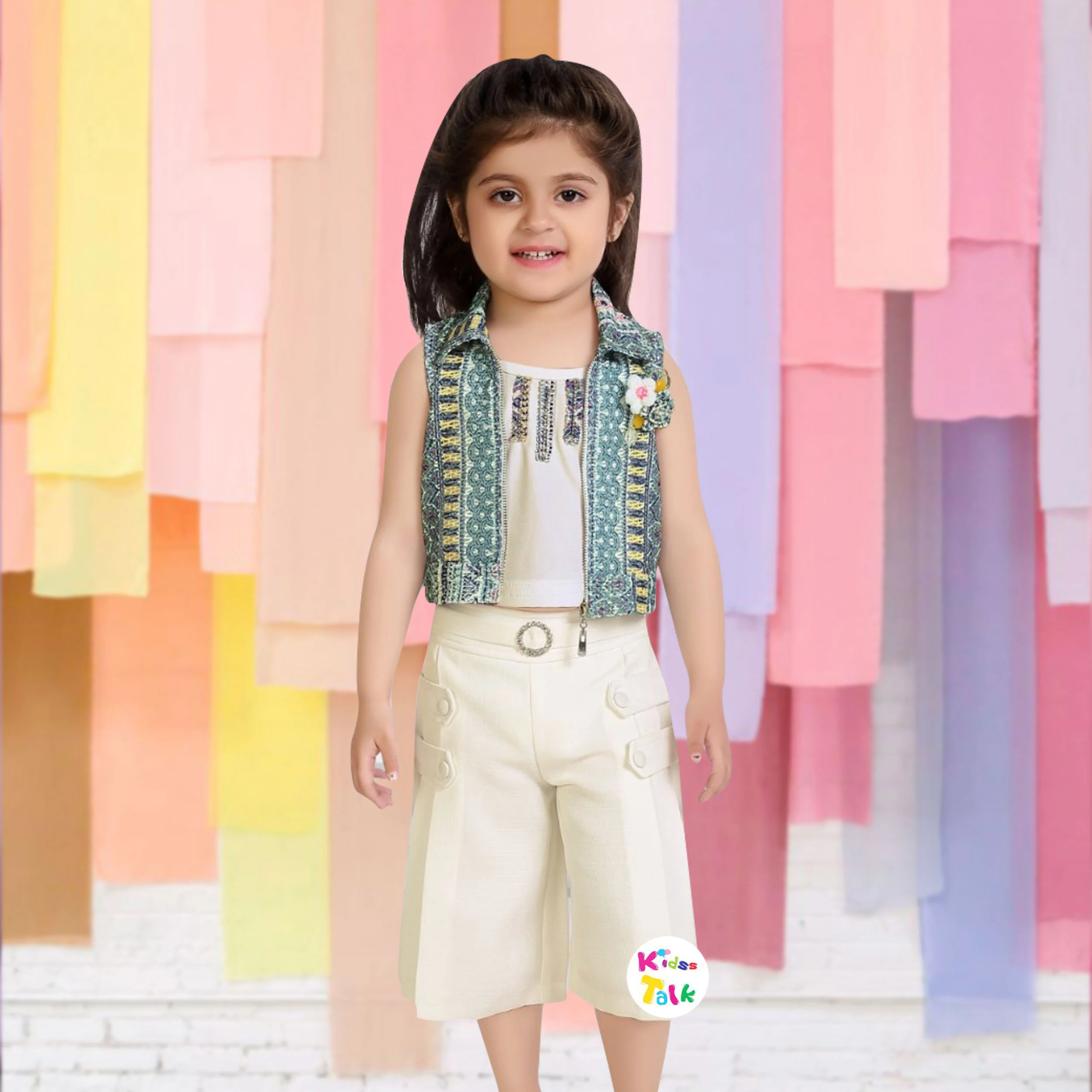 Cotton Knitted Sleeveless Top With Jacket & Culottes - Wine