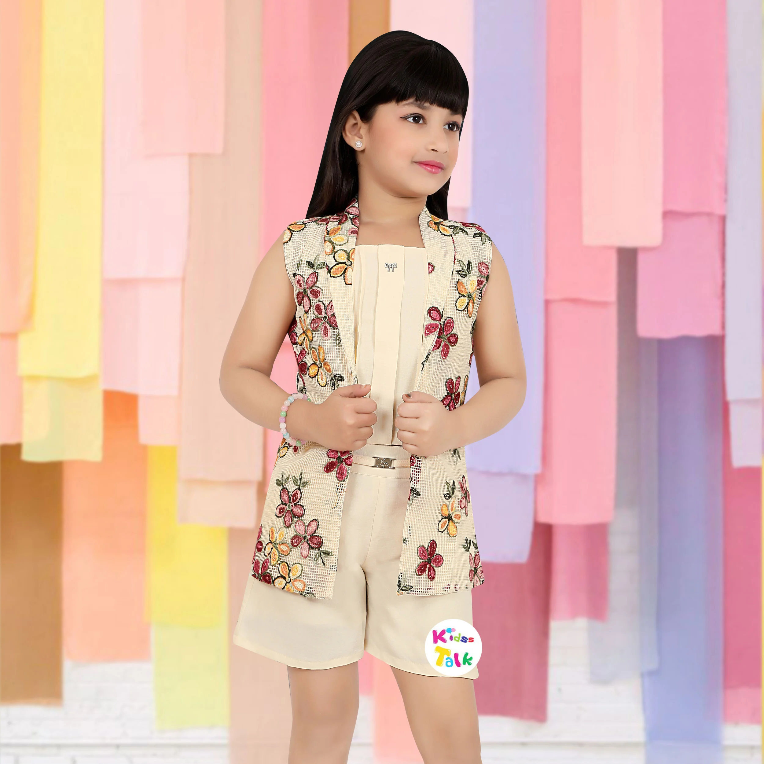 Cotton Sleeveless Top With Printed Shrug & Half Pant - Cream