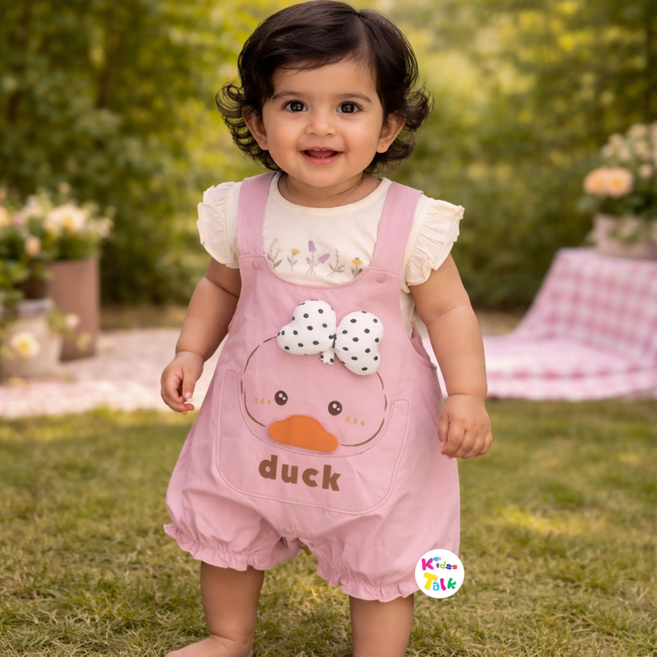 Cotton Knitted Half Sleeve Romper With Cute Print - Peach