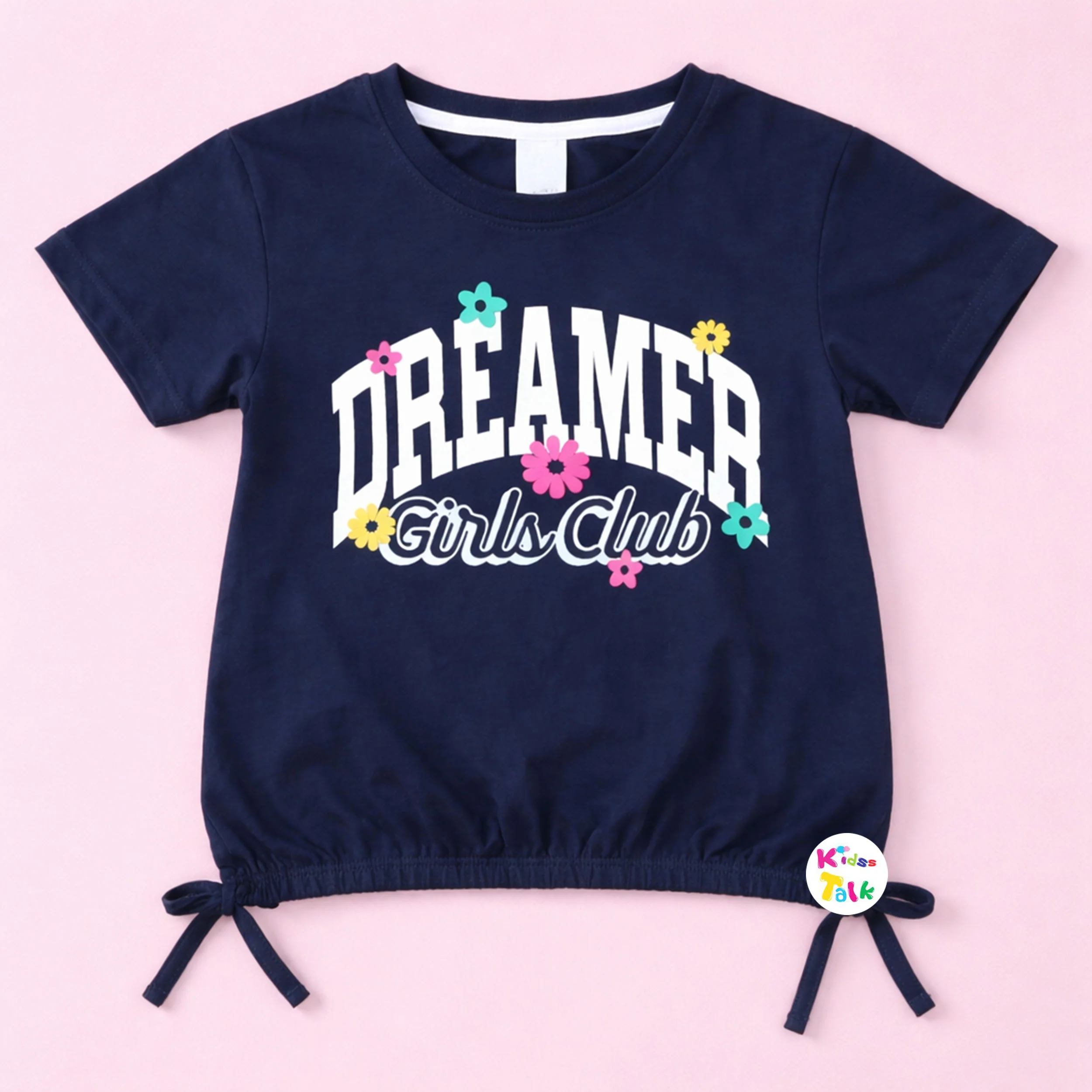 Cotton Knitted Half Sleeve T-shirt With Cute Print - Navy Blue