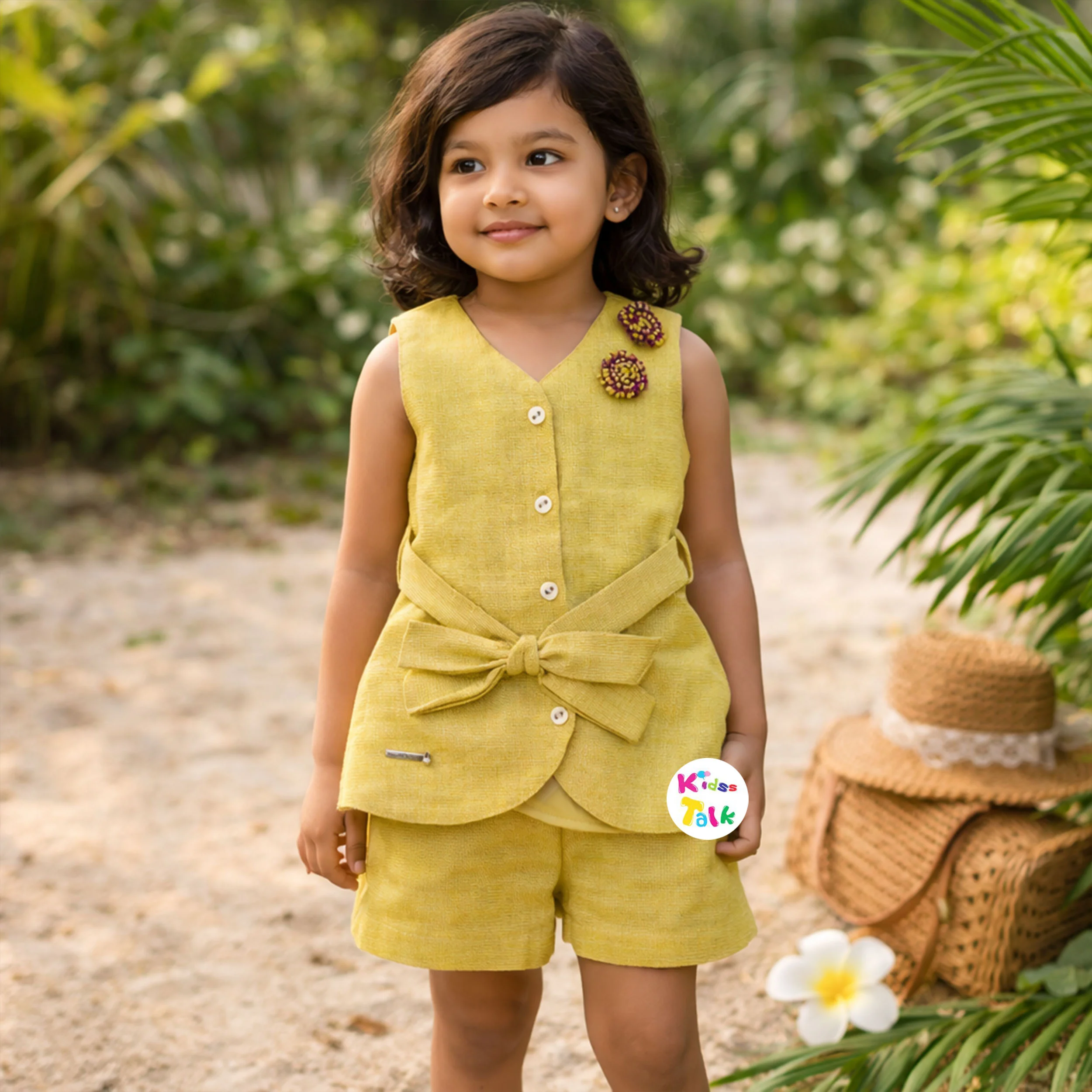 Cotton Sleeveless Top With Cute Patch Work & Half Pant - Mustard