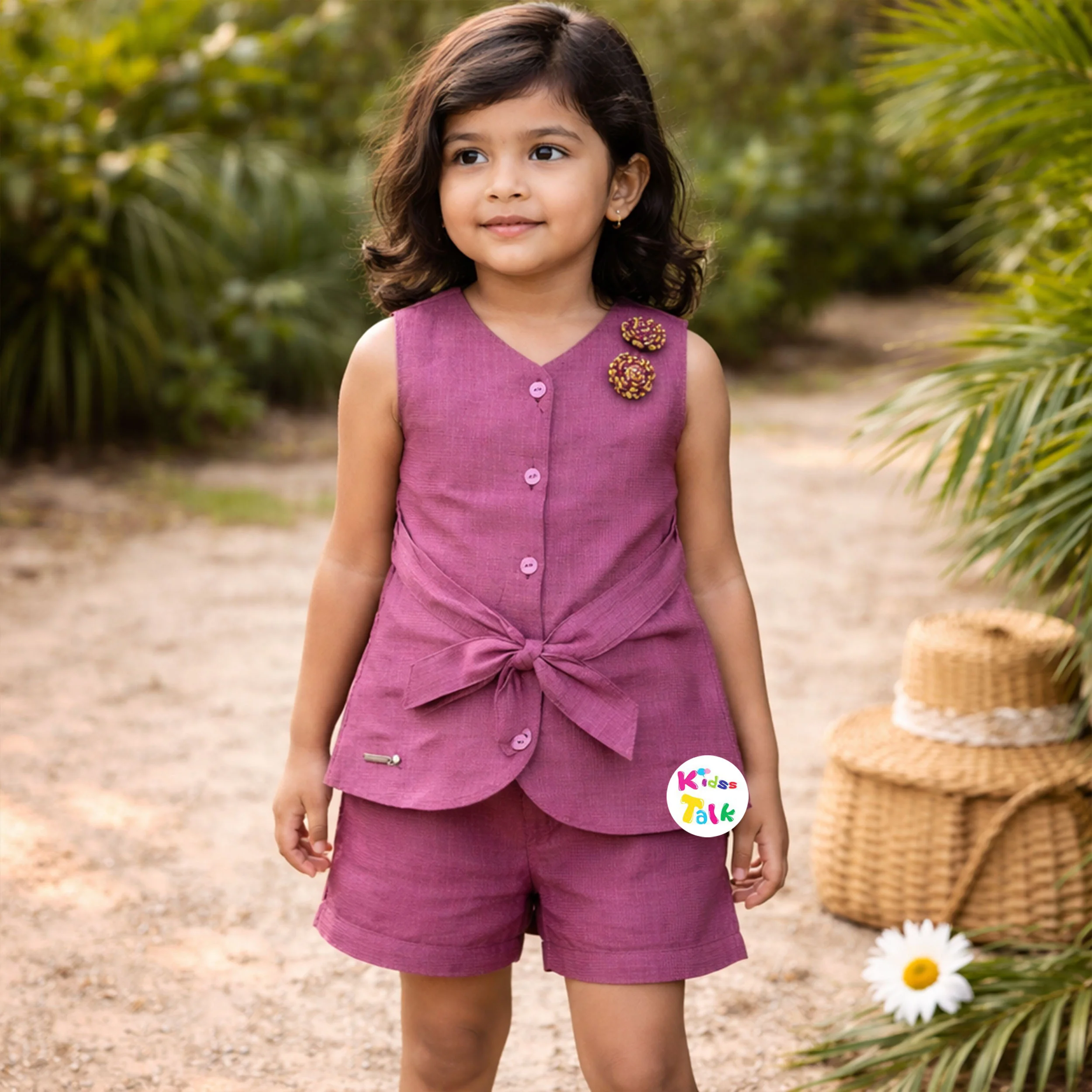 Cotton Sleeveless Top With Cute Patch Work & Half Pant - Purple