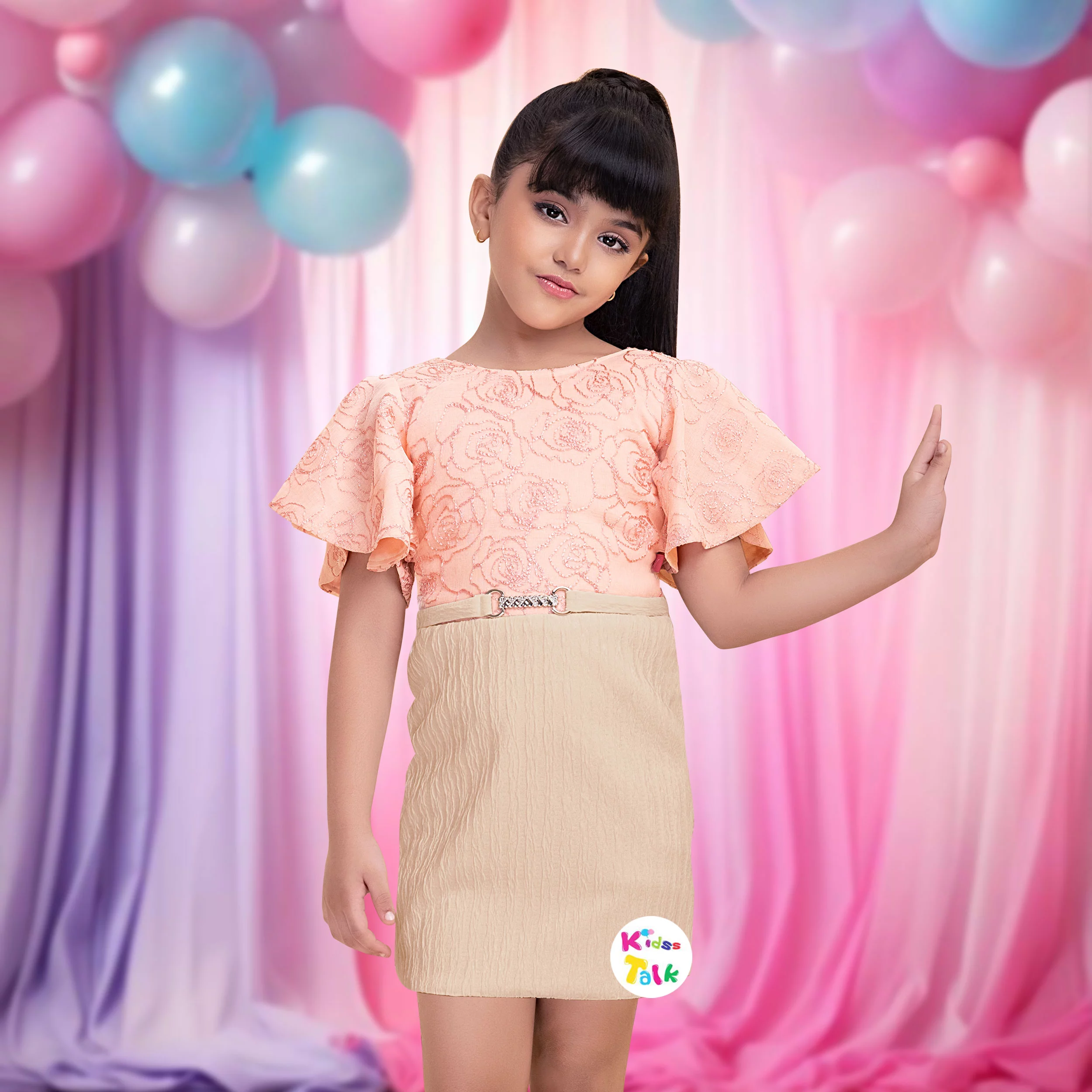 Cute Half Sleeve Frock With Embroidered- Peach