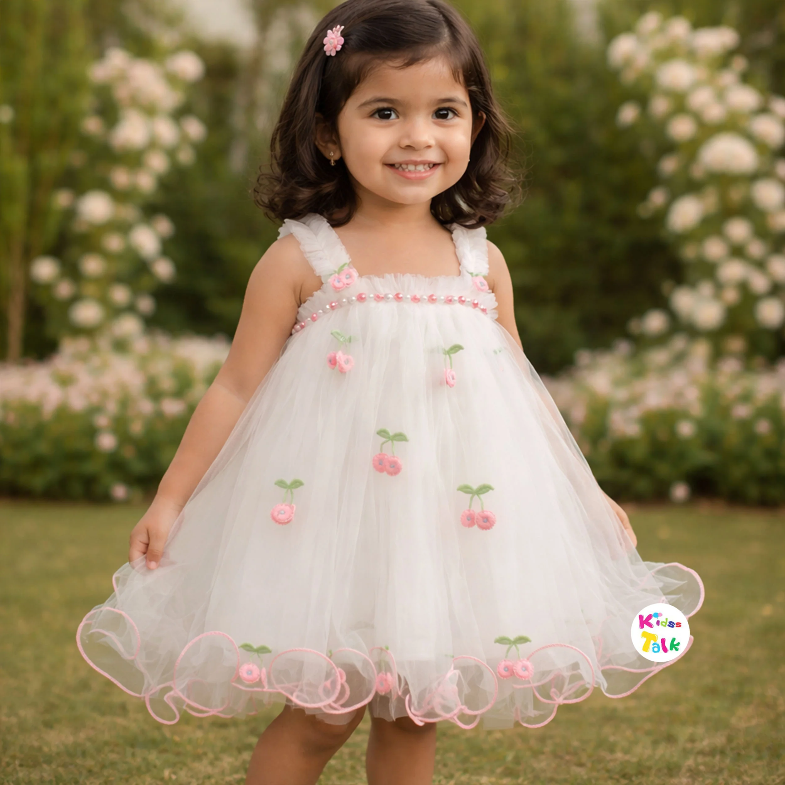 Net Sleeveless Party Frock With Flower Applique - White