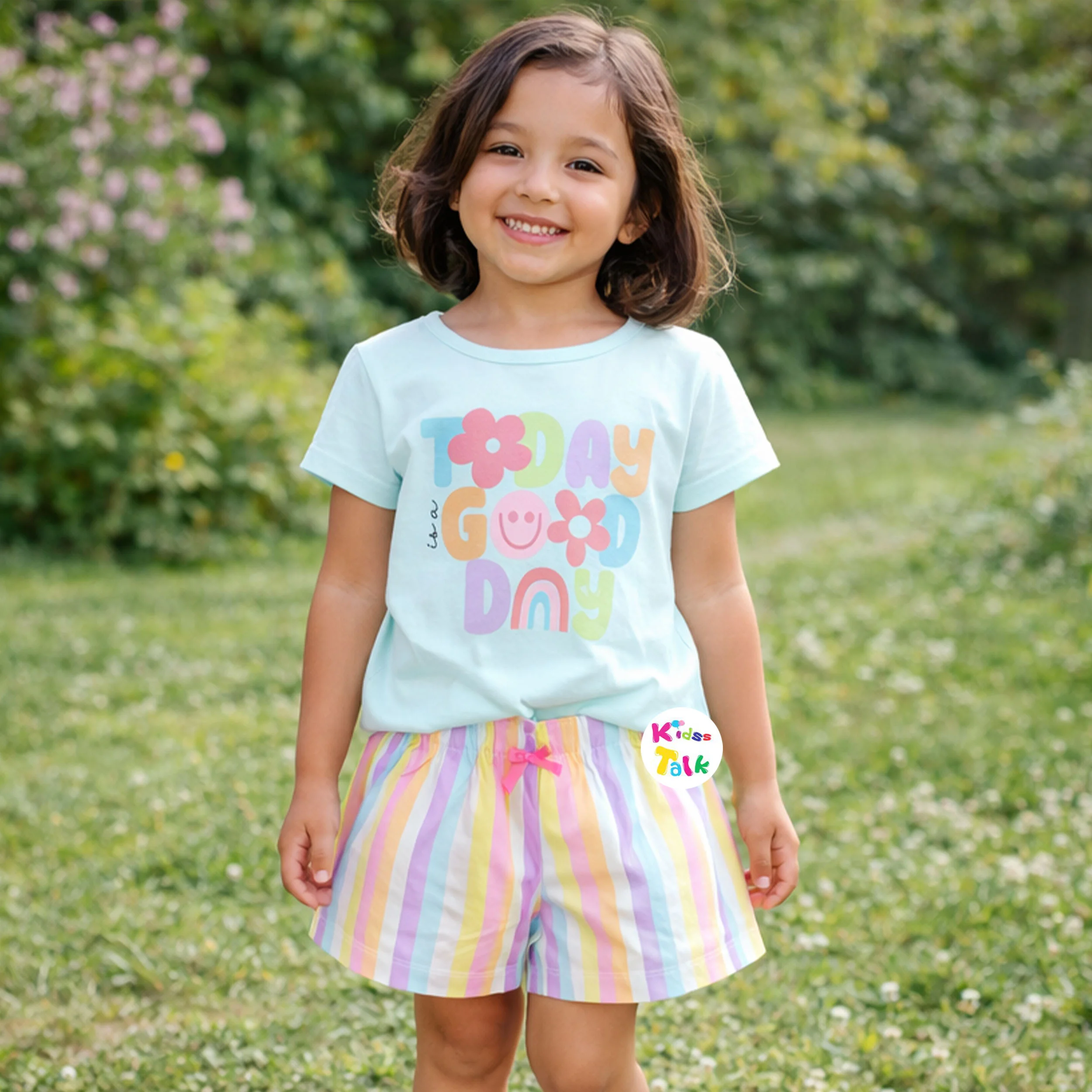 Cotton Knitted Half Sleeve T-shirt Set With Cute Print - Ice Blue