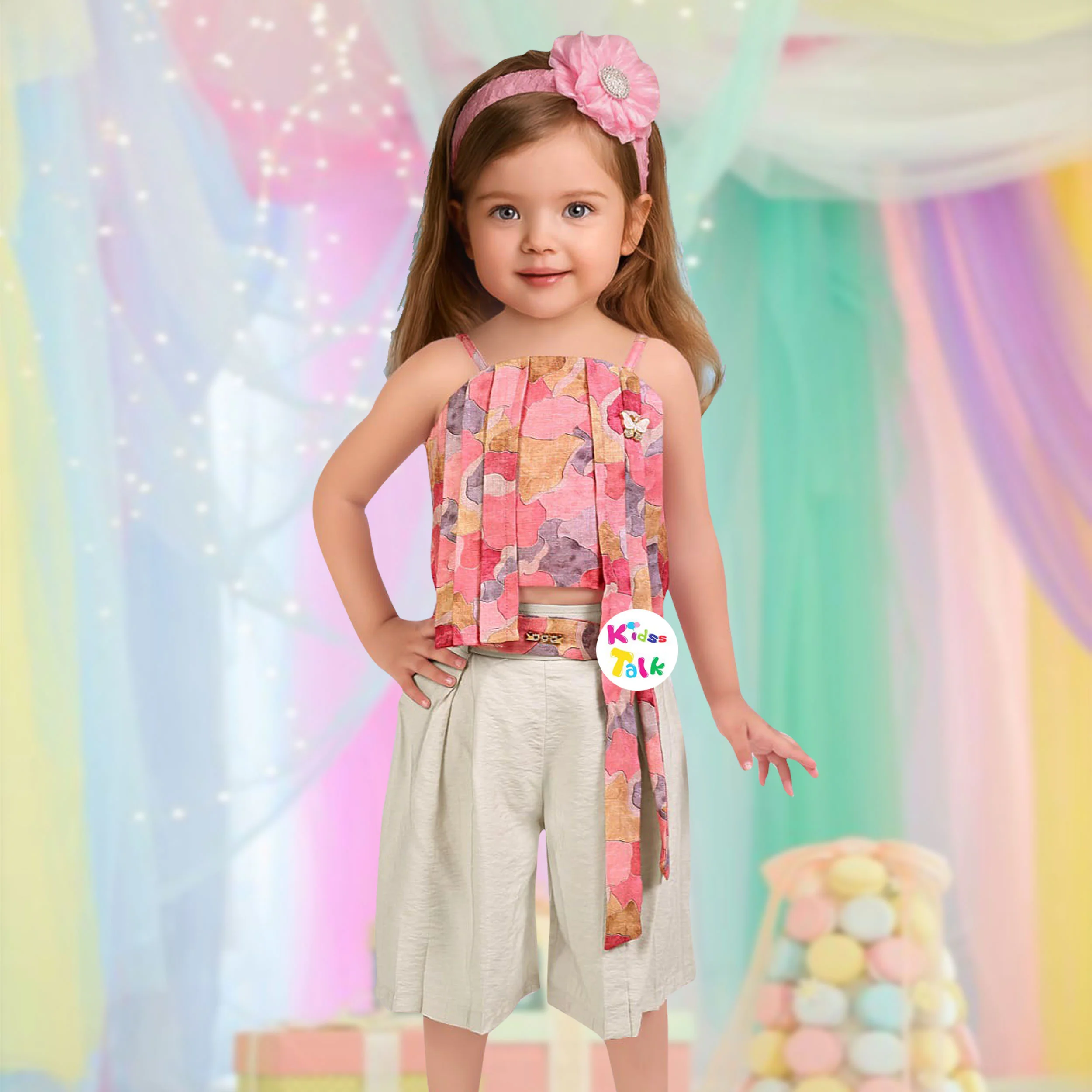 Cotton Sleeveless Culottes Set With Cute Printed - Onion Pink