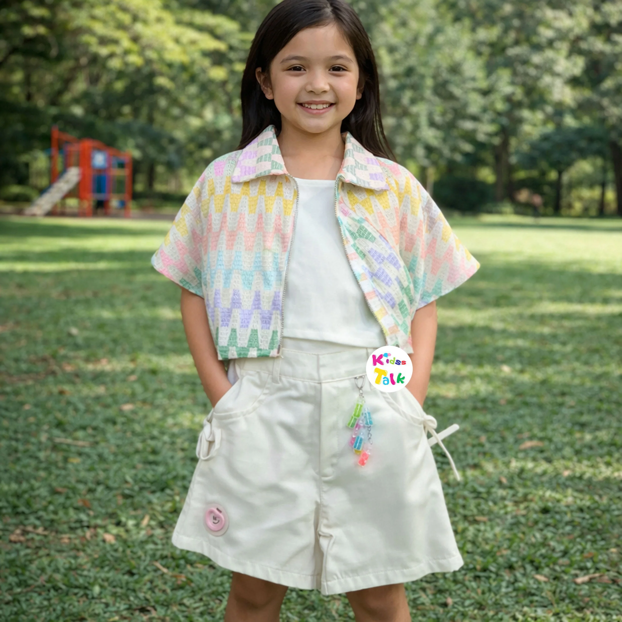 Cotton Knitted Half Sleeve Jacket With Top & Half Pant - Cream