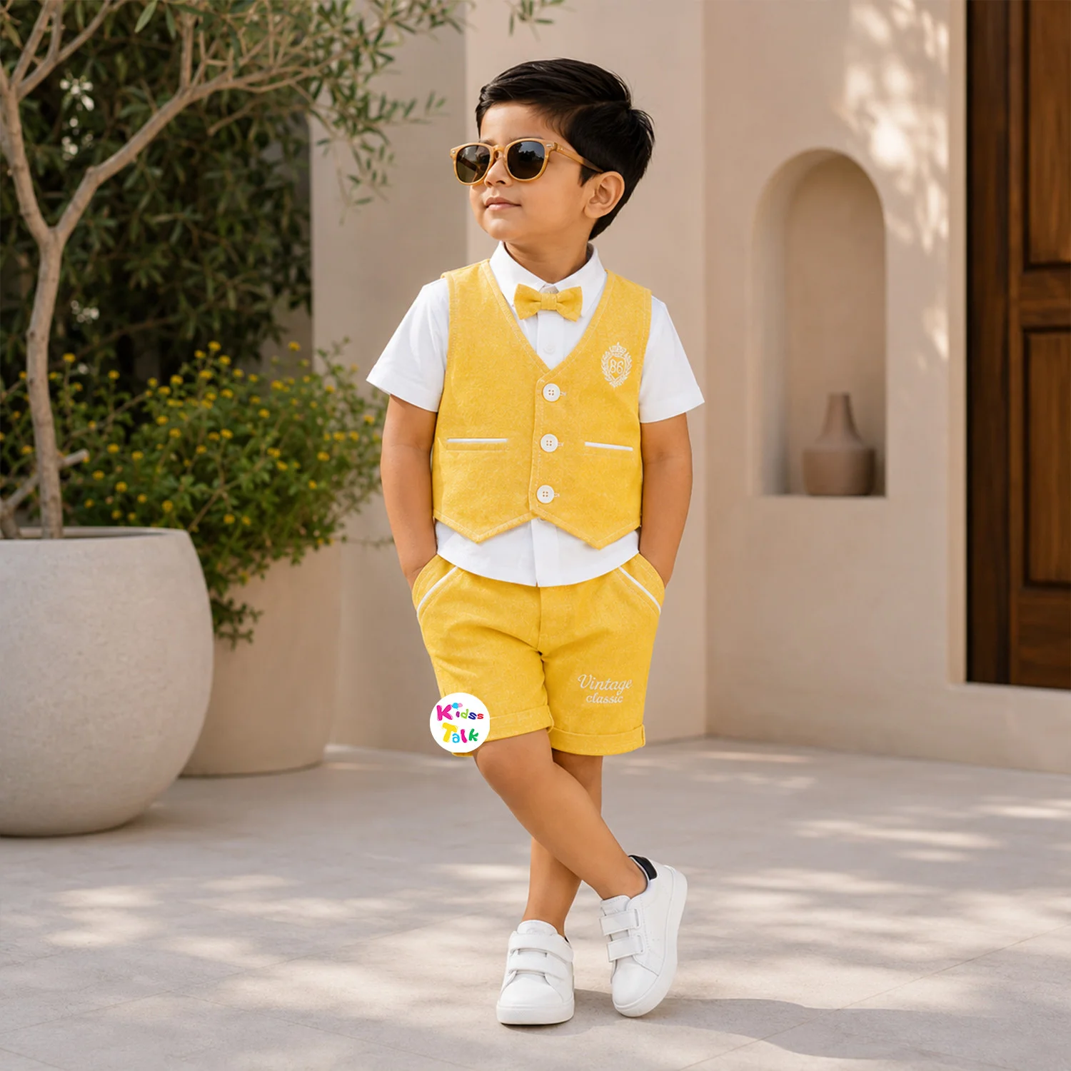 Cotton Half Sleeve Shirt With Jacket & Half Pant - Mustard