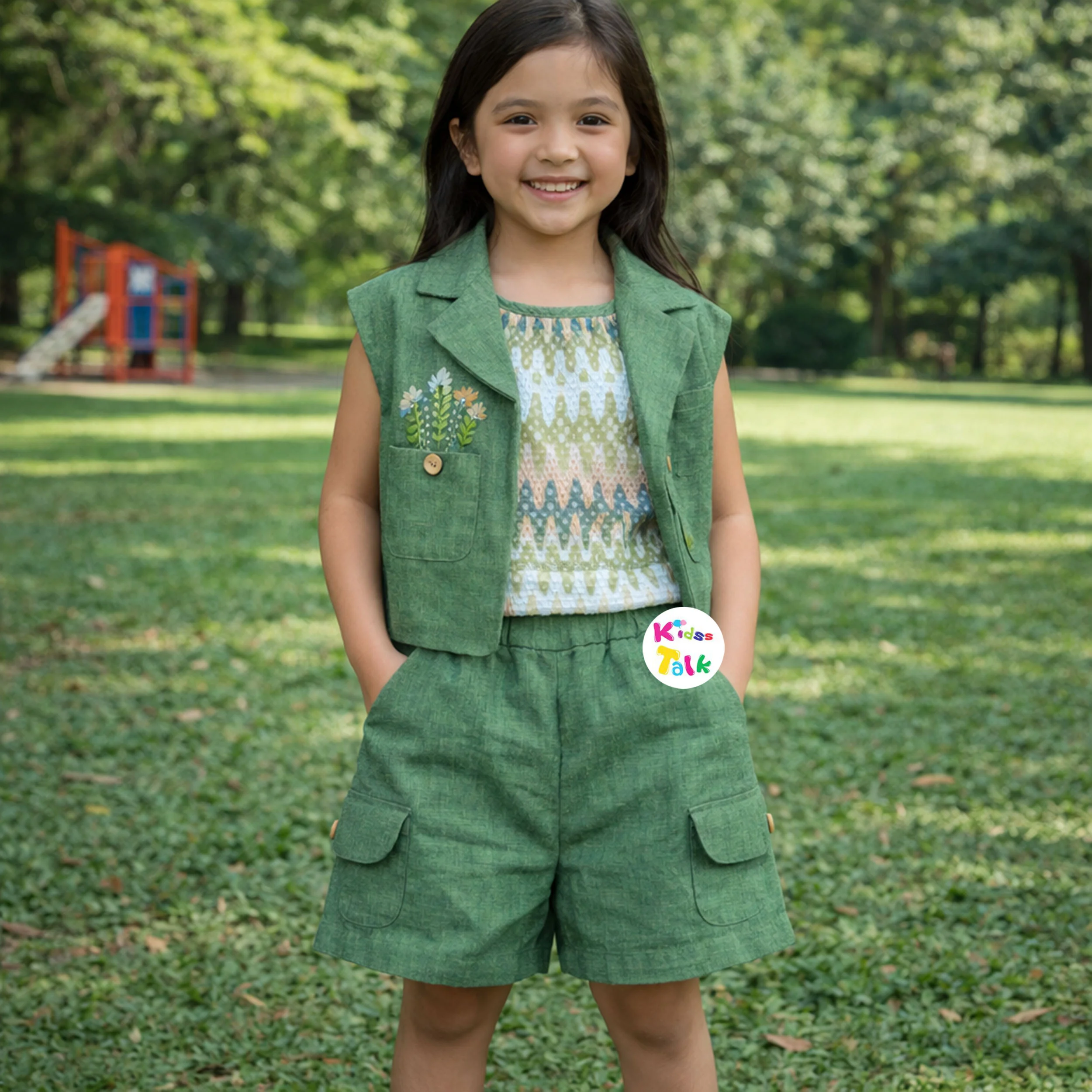 Cotton Knitted Sleeveless Top With Jacket & Half Pant - Olive Green