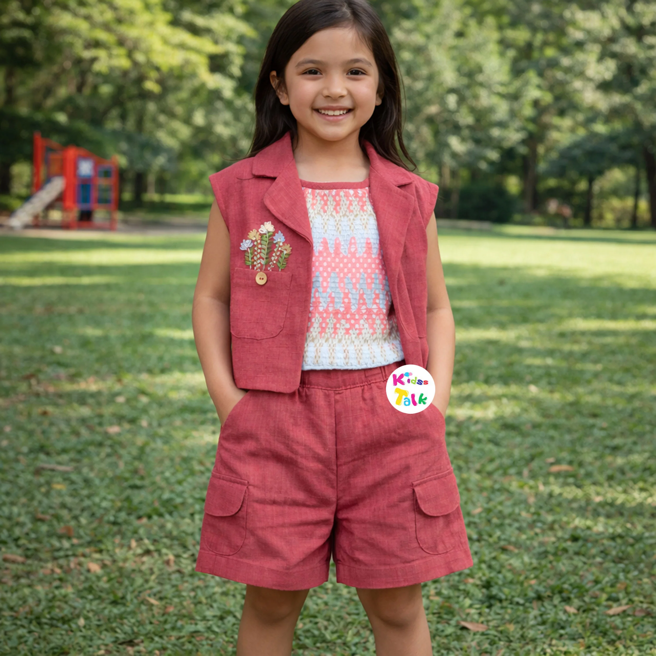 Cotton Knitted Sleeveless Top With Jacket & Half Pant - Onion Pink