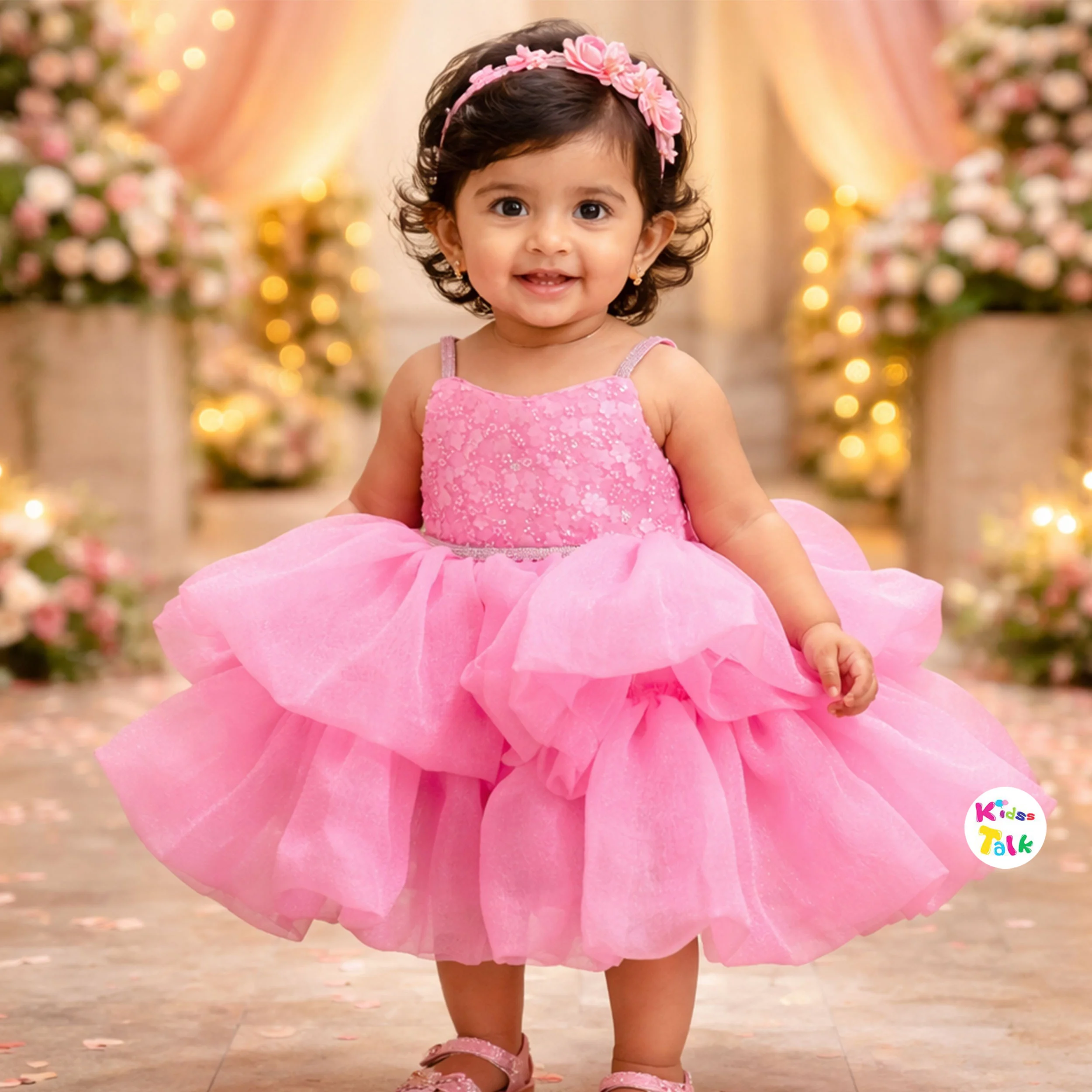 Satin Sleeveless Party Frock With Flower Applique - Baby Pink
