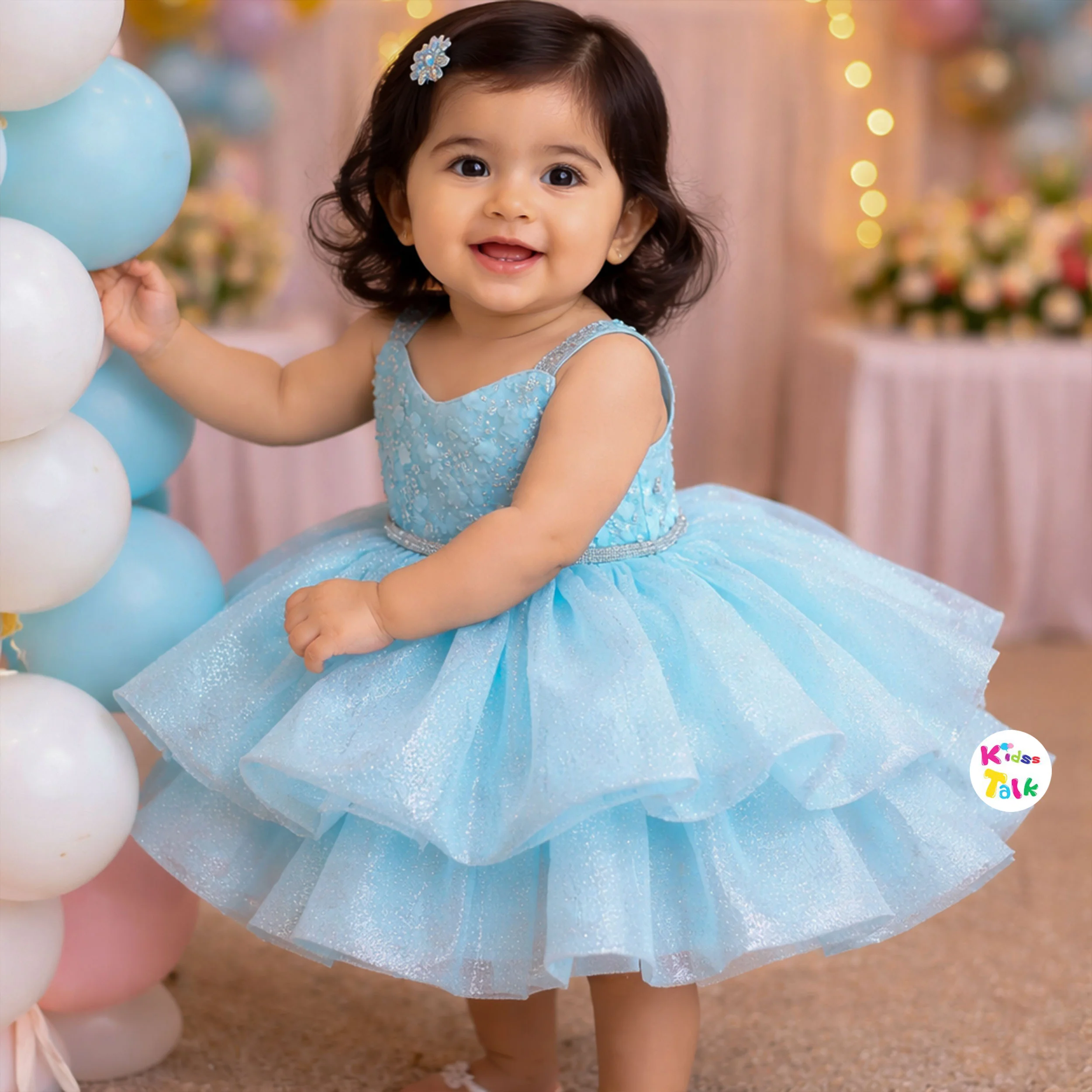 Satin Sleeveless Party Frock With Flower Applique - Turquoise