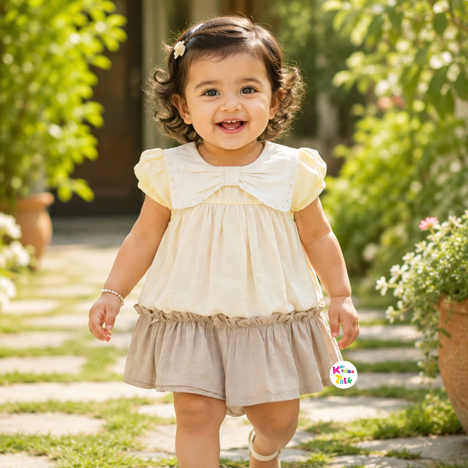 Muslin Sleeveless Frock With Cute All Over Print - Brown