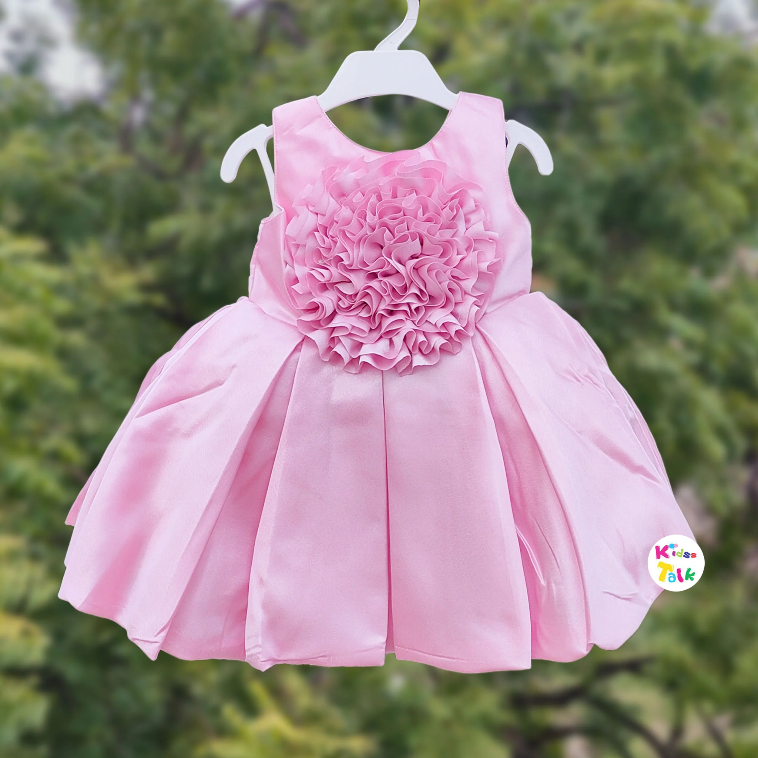Satin Sleeveless Party Frock With Flower Applique - Baby Pink