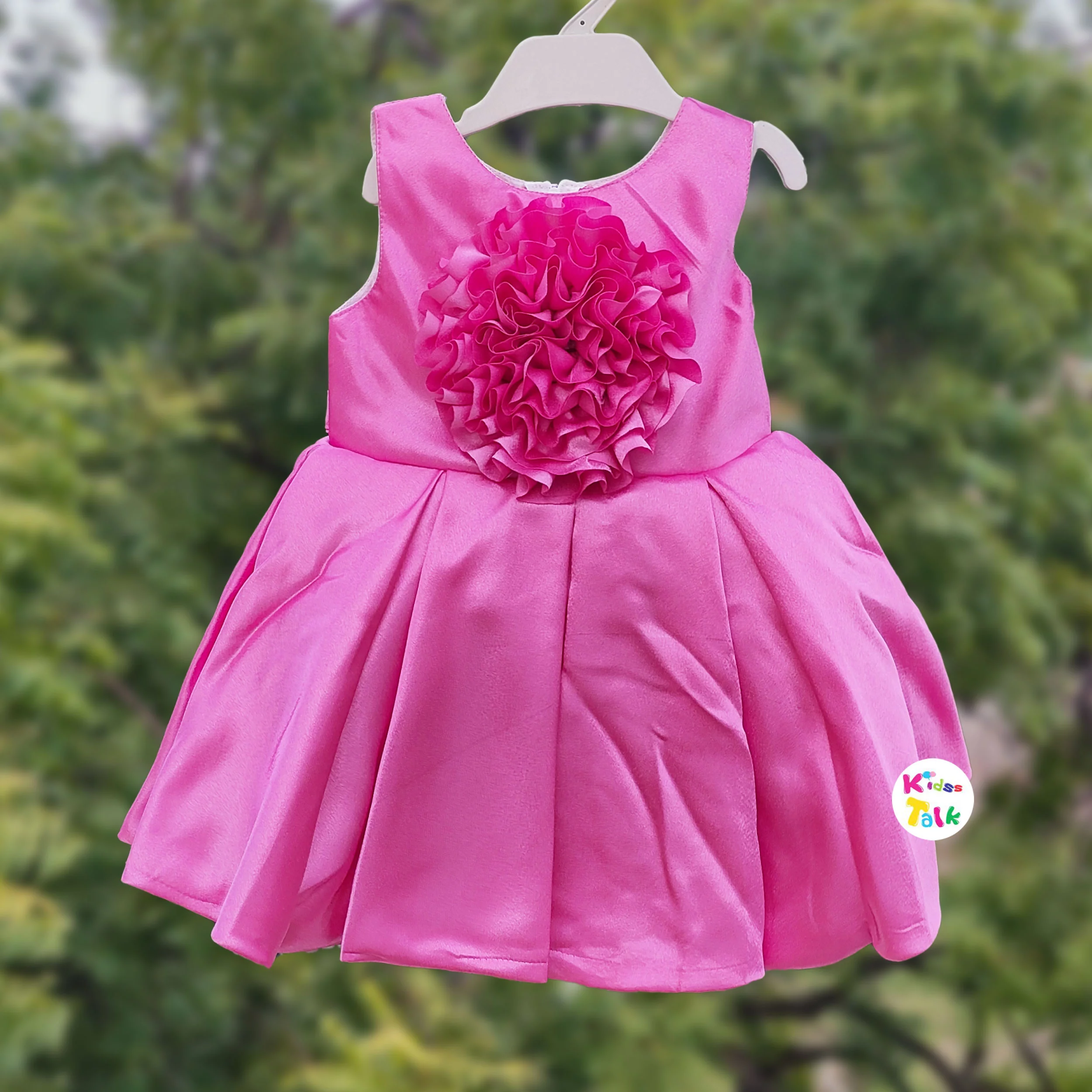 Satin Sleeveless Party Frock With Flower Applique - Onion Pink
