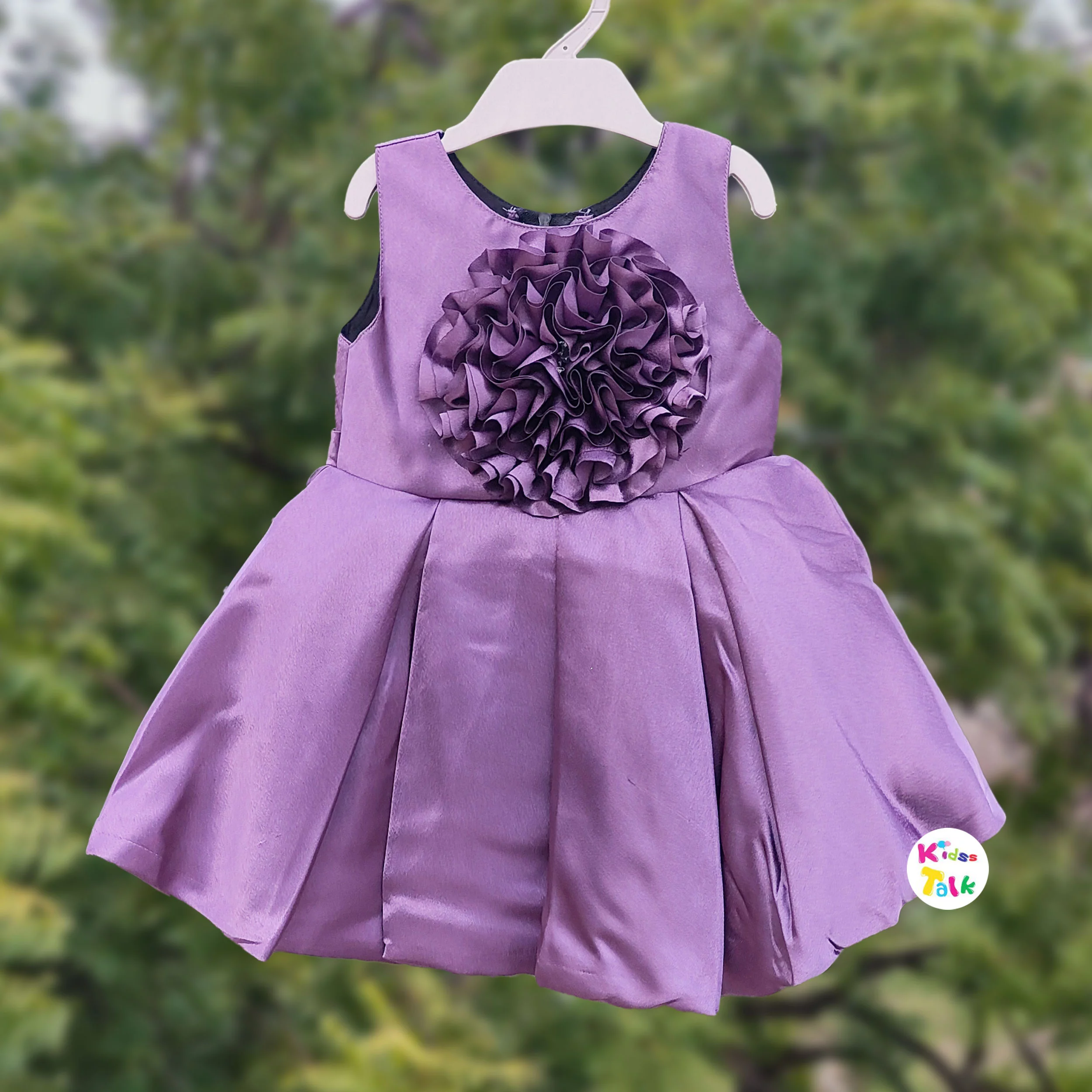 Satin Sleeveless Party Frock With Flower Applique - Wine