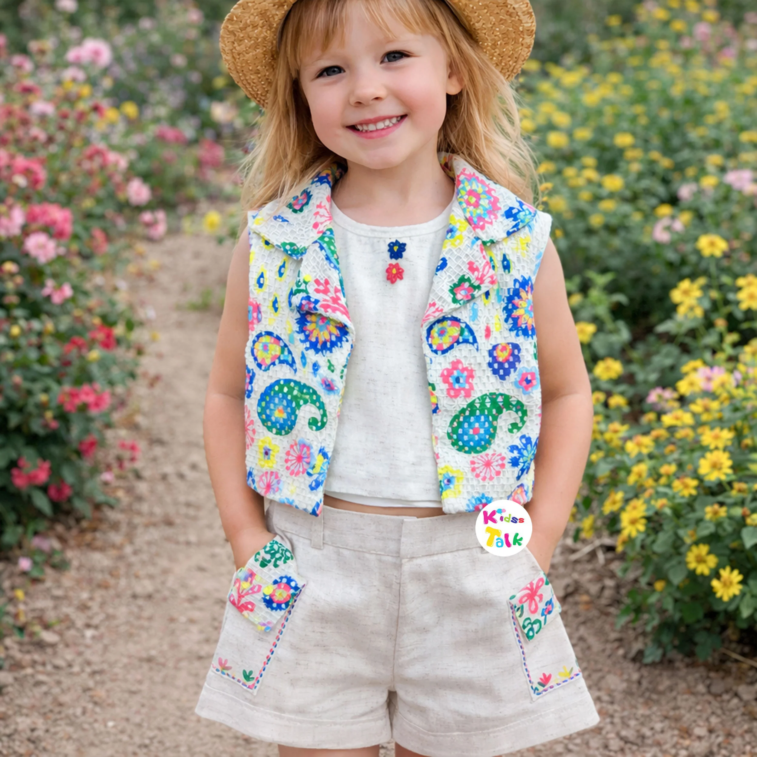 Cotton Knitted Sleeveless Top With Jacket & Half Pant -cream