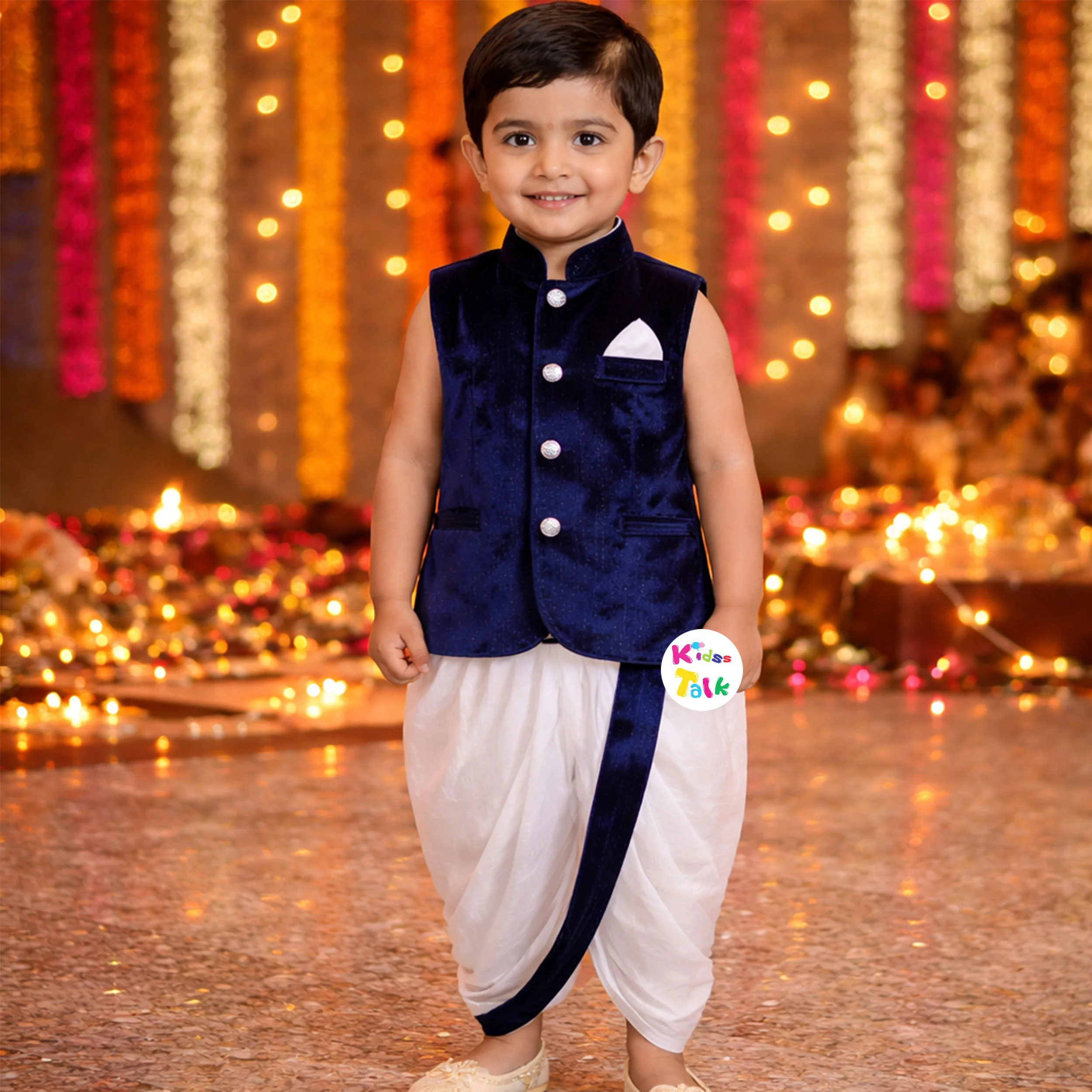 Velvet Shimmer Sleeveless Kurta With Dhoti - Navy Blue