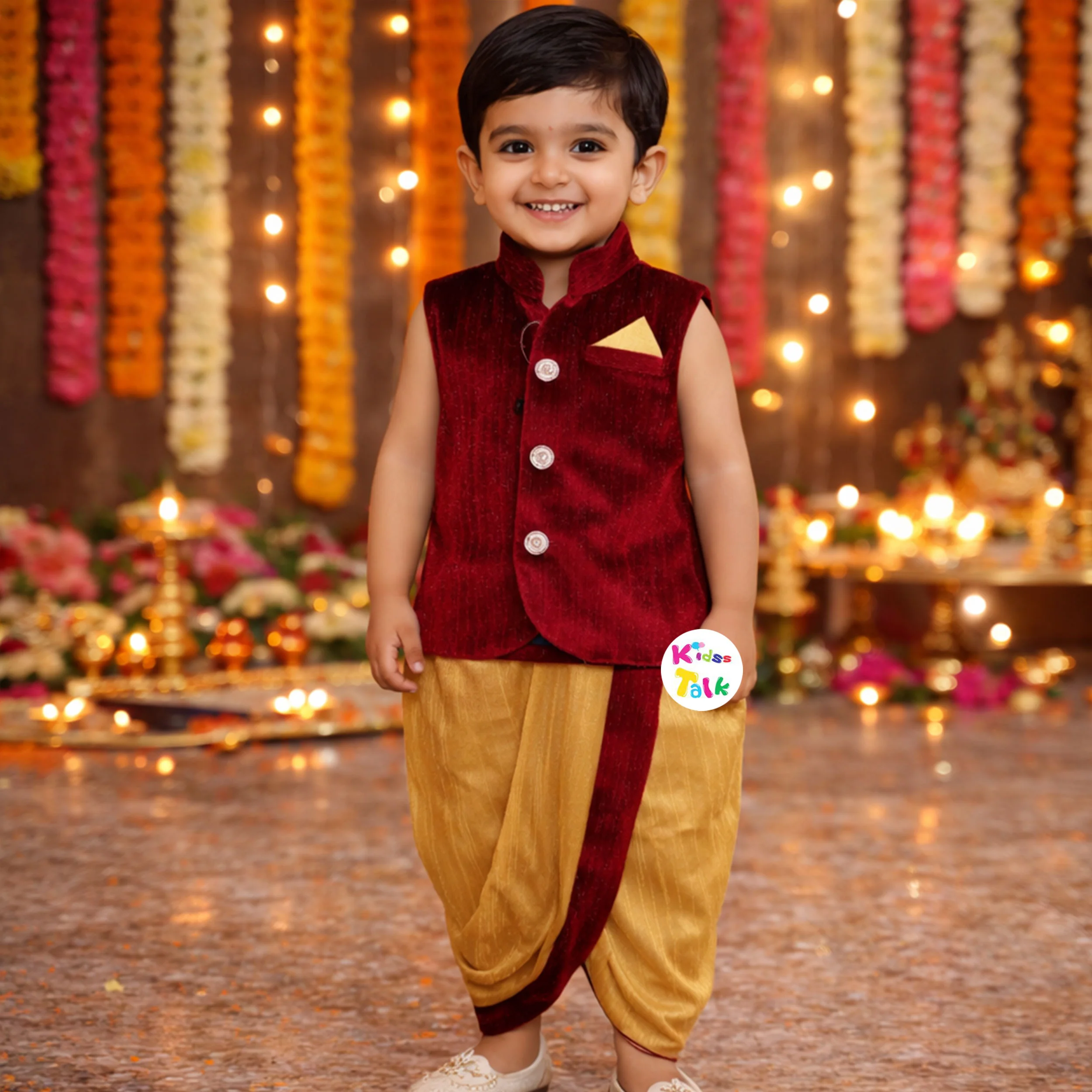 Velvet Shimmer Sleeveless Kurta With Dhoti - Maroon