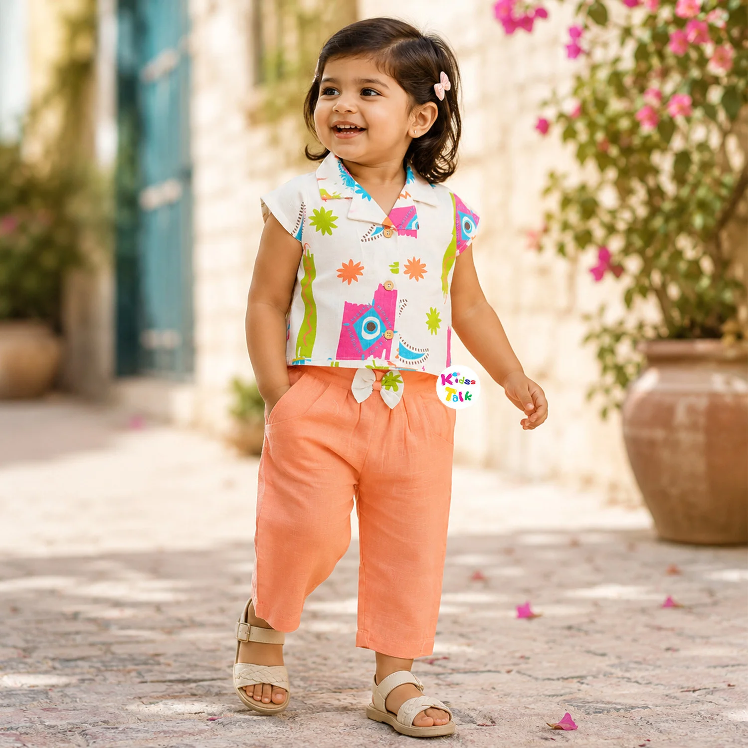 Cotton Half Sleeve Capri Set - Peach