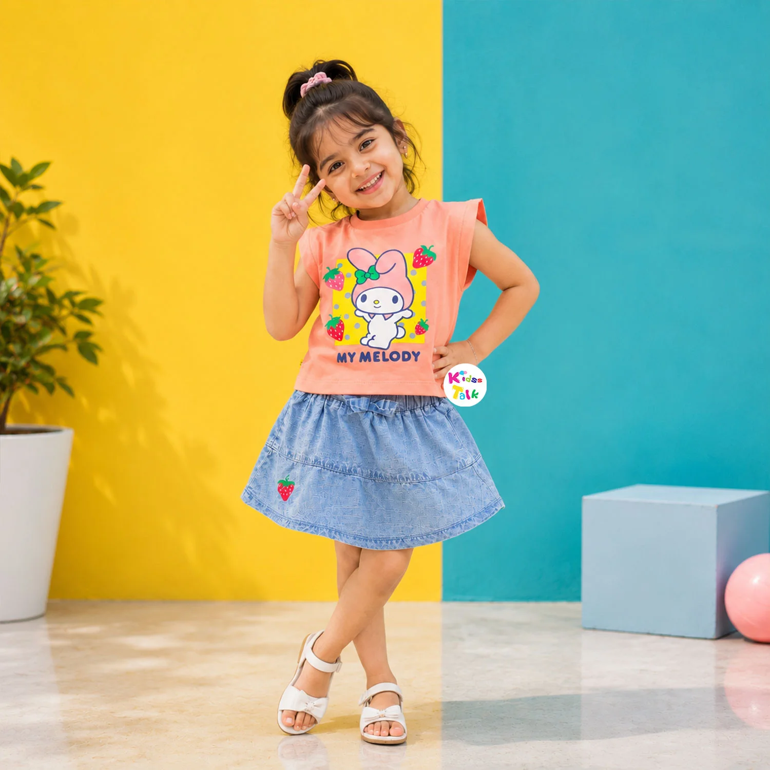 Cotton Half Sleeve Skirt & Top With Cute Printed - Peach