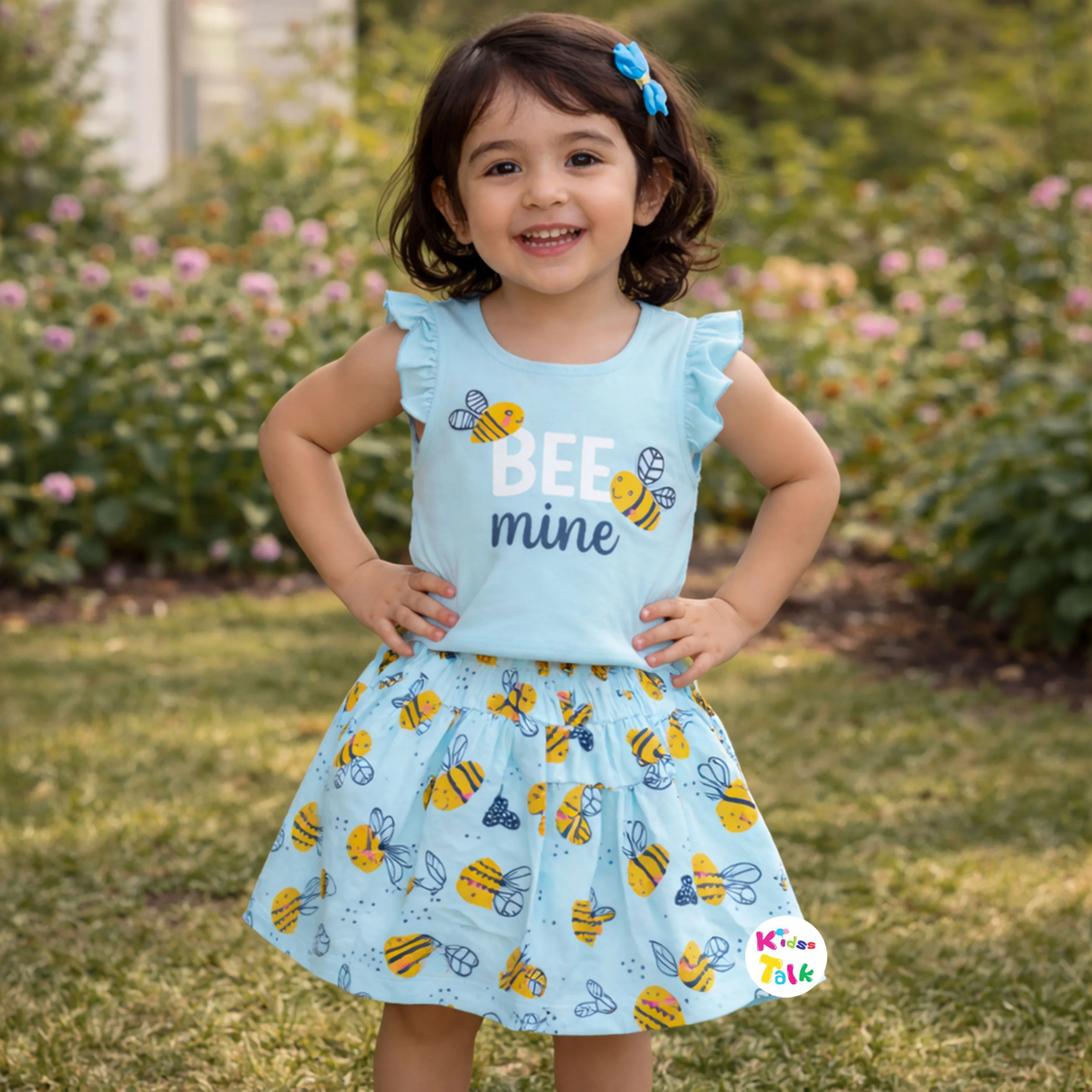 Cotton Knitted Half Sleeve Skirt & Top With Cute Print - Ice Blue