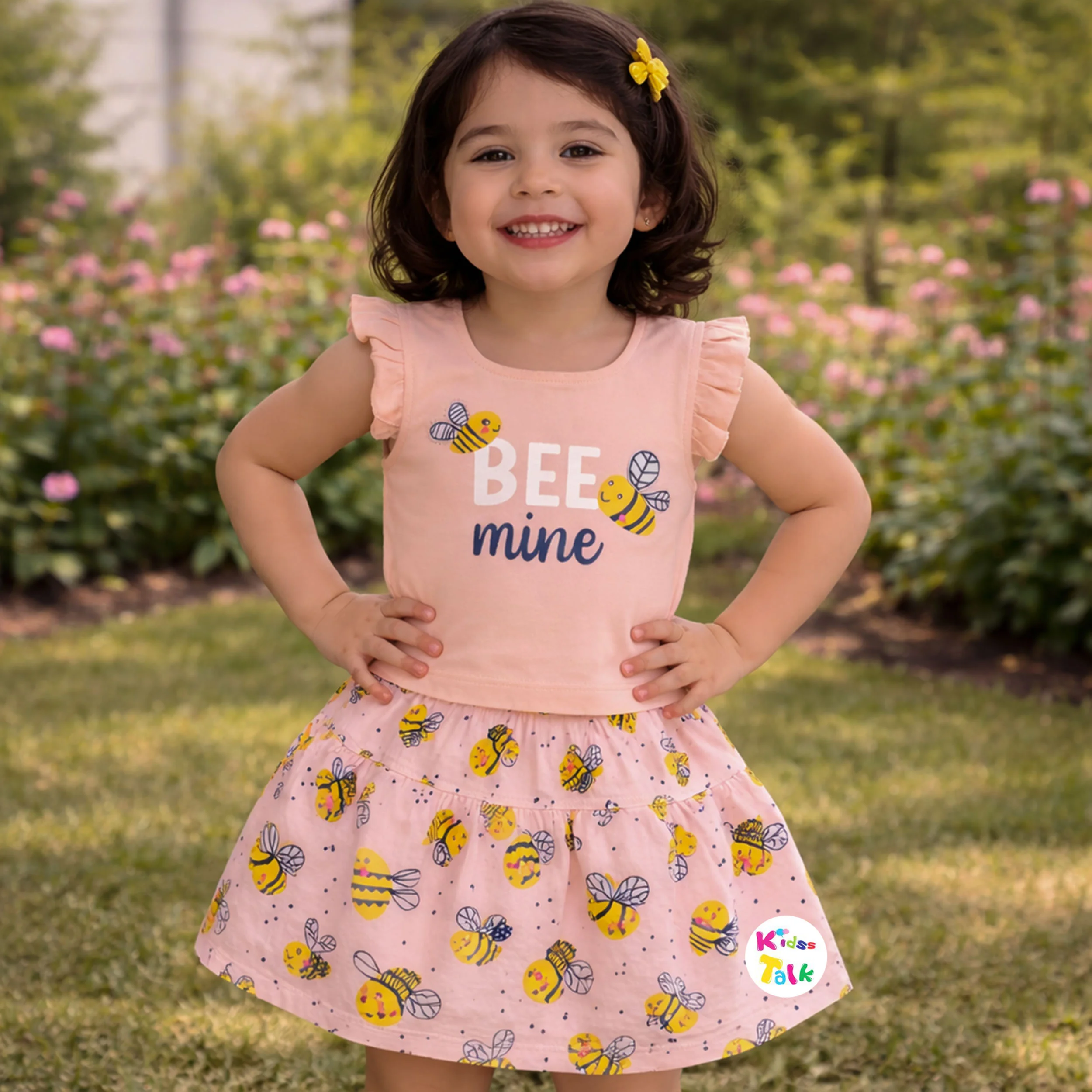 Cotton Knitted Half Sleeve Skirt & Top With Cute Print - Peach