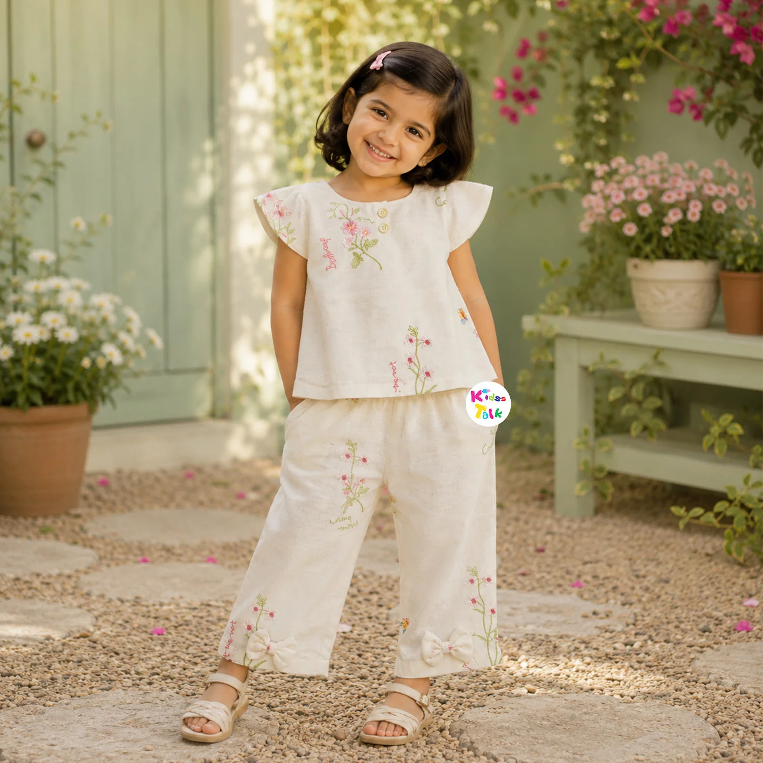 Cotton Half Sleeve Capri Set - Cream