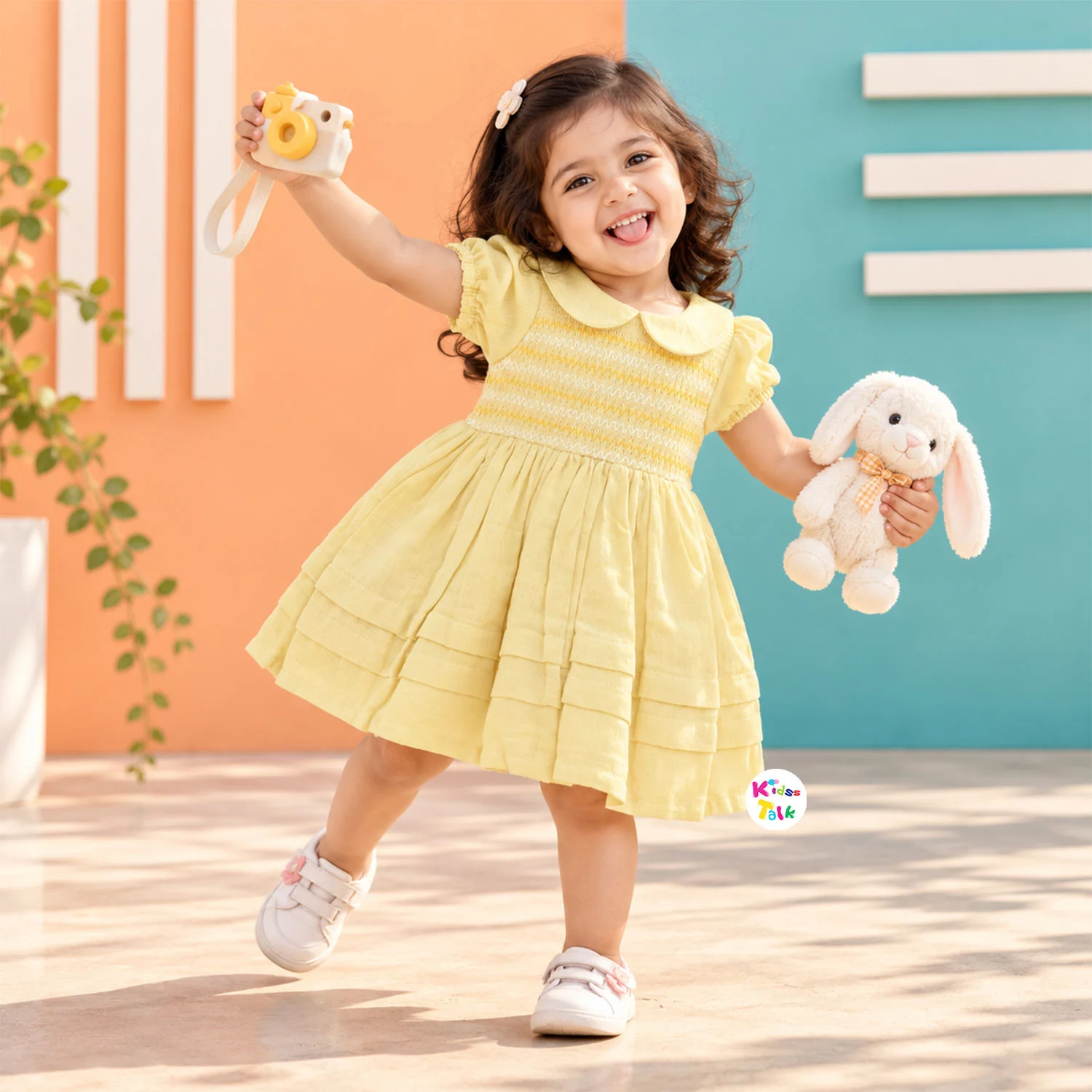 Cute Muslin Ruffle Sleeve Frock - Lemon Yellow