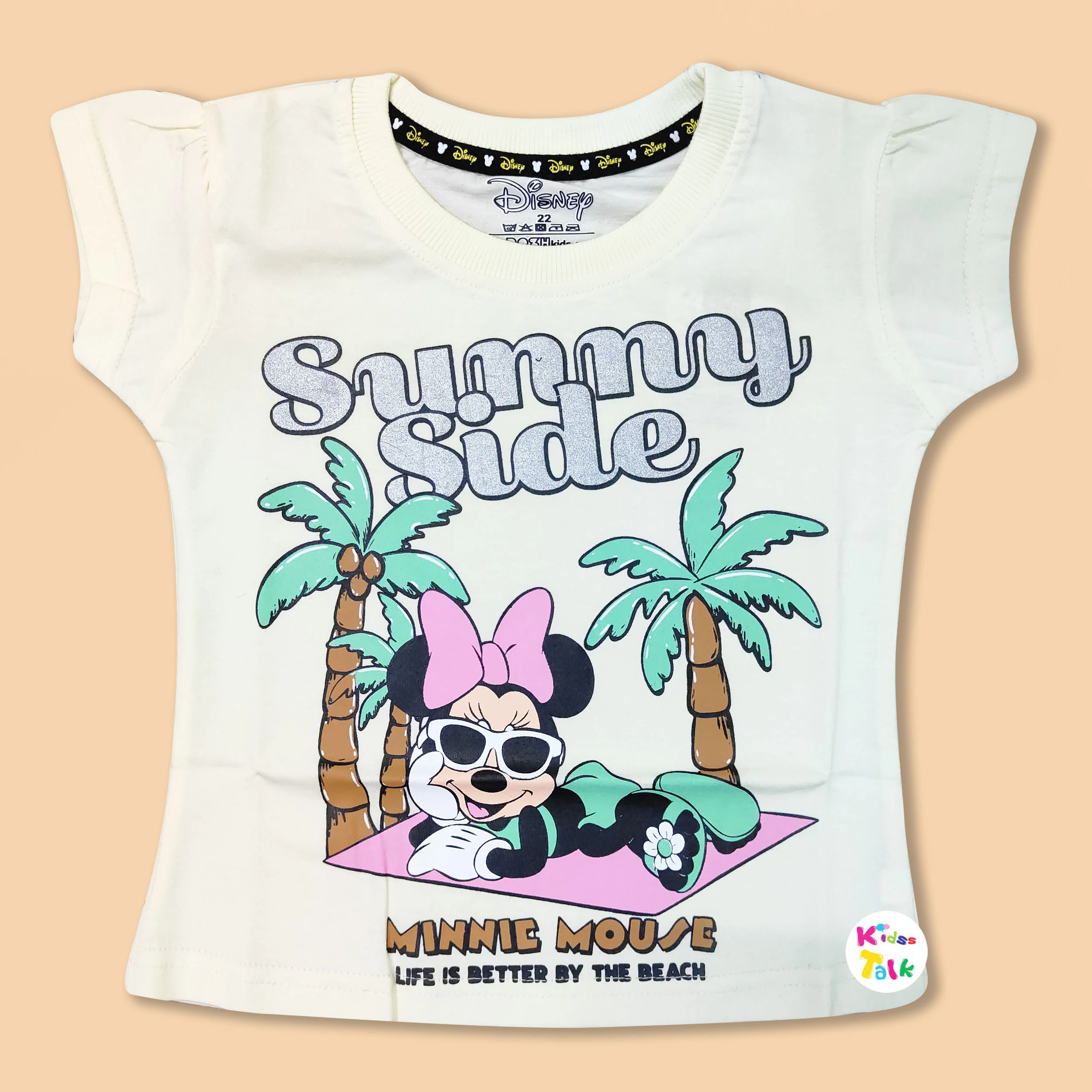 Soft Cotton Knitted Half Sleeve Tees With Cute Printed - Cream