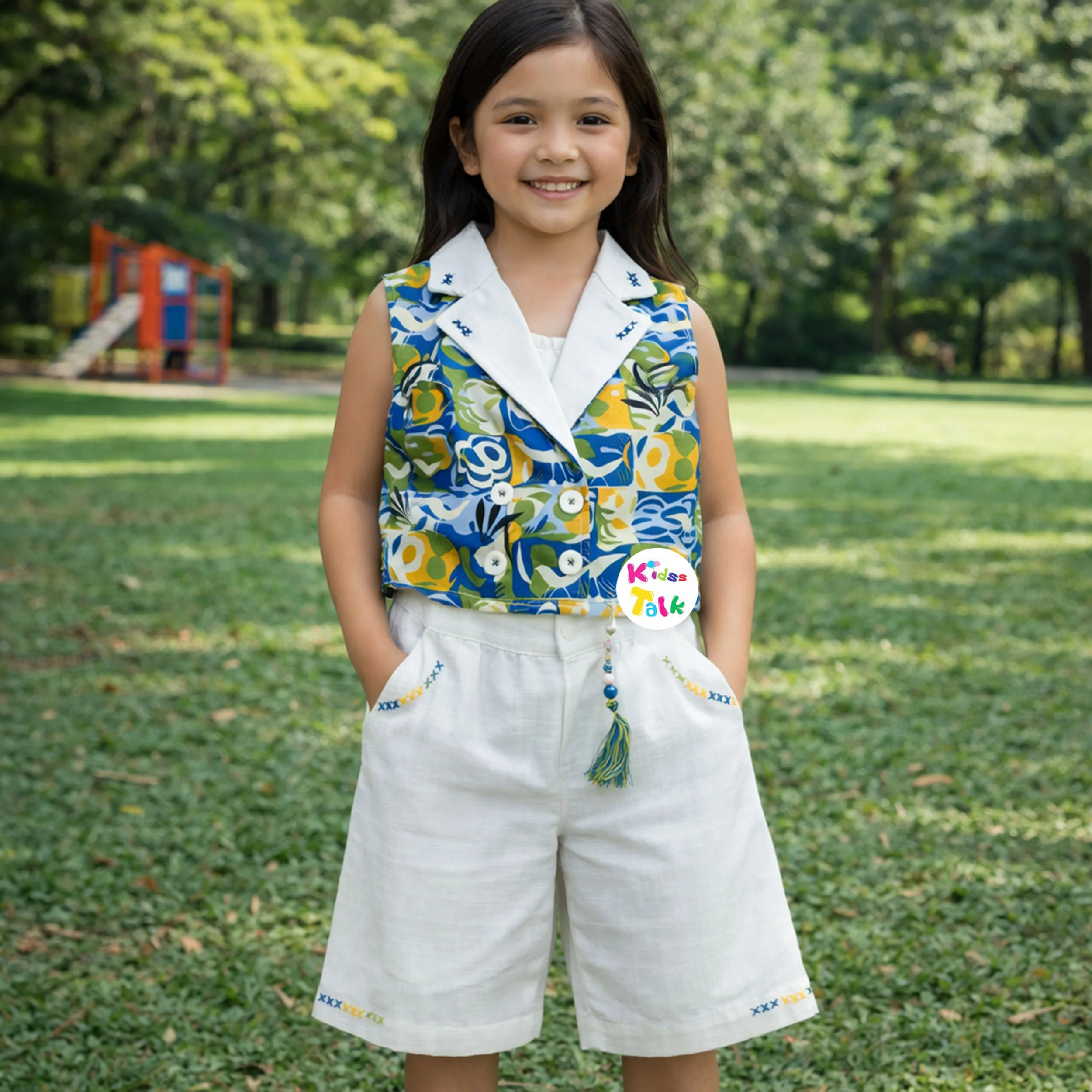 Cotton Sleeveless Printed Top With Jacket & Culottes - Blue