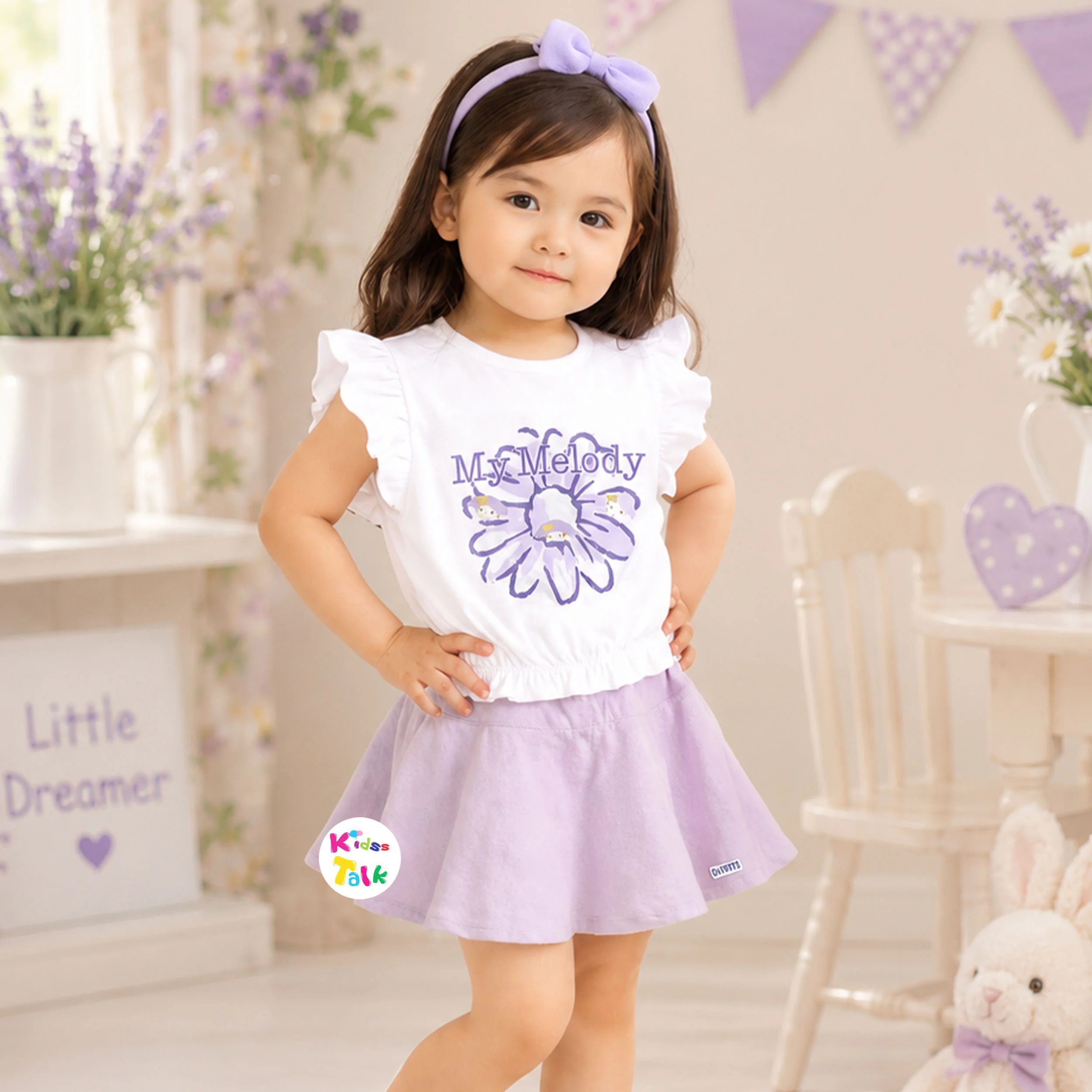 Cotton Half Sleeve Skirt & Top With Cute Printed - Lavender
