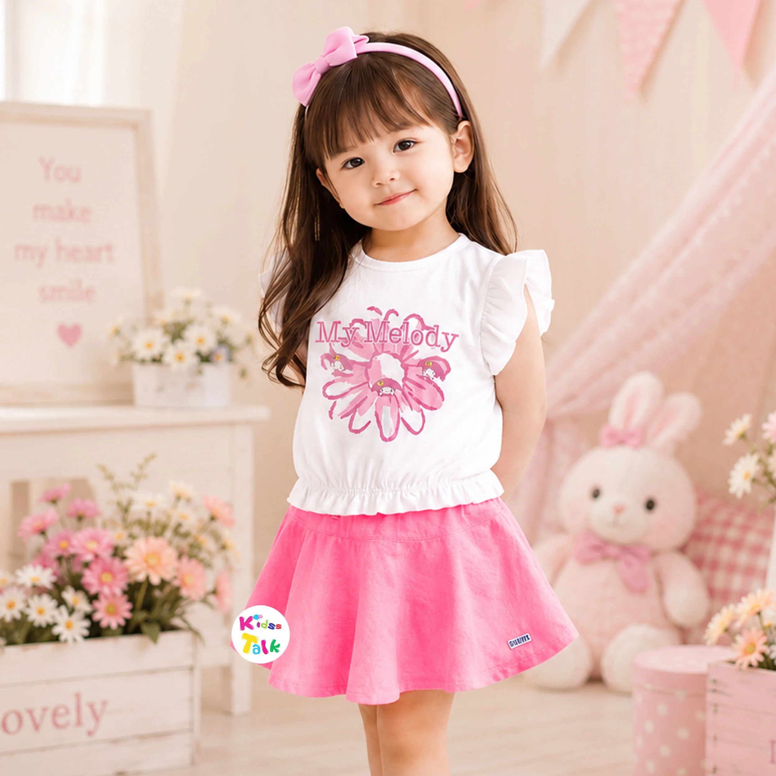 Cotton Half Sleeve Skirt & Top With Cute Printed - Baby Pink