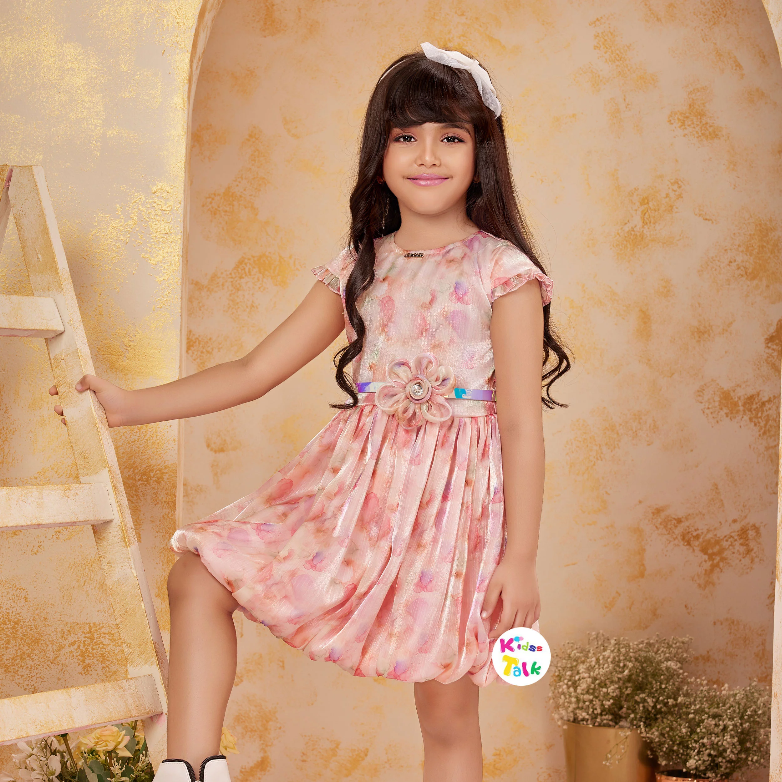 Cute Organza Half Sleeve Party Frock With Belt - Peach