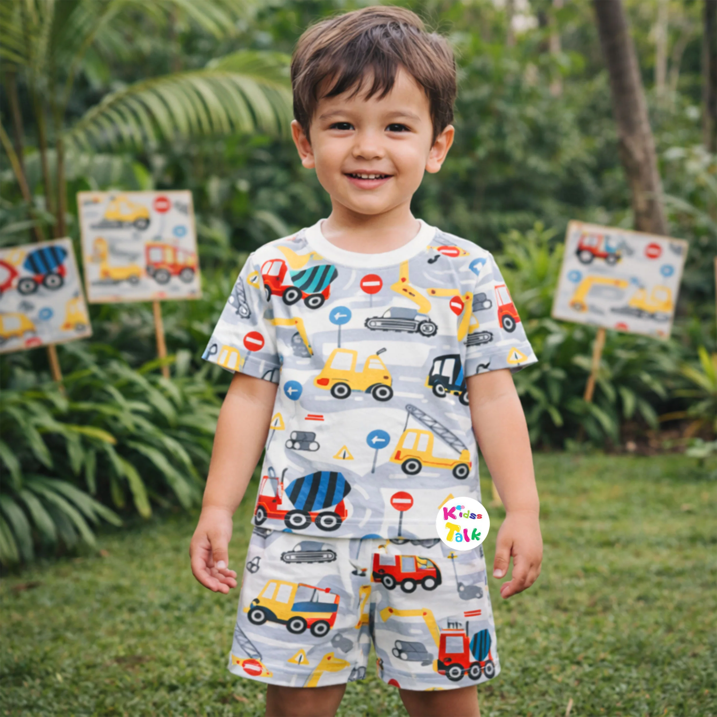 Cotton Knitted Half Sleeve T-shirt Set With Cute Printed - Ice Blue