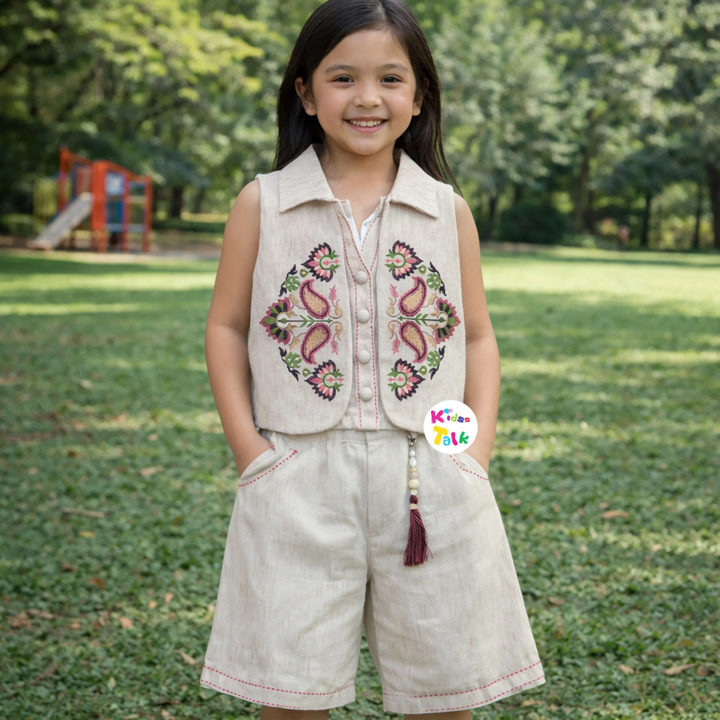 Cotton Sleeveless Printed Top With Jacket & Culottes - Beige