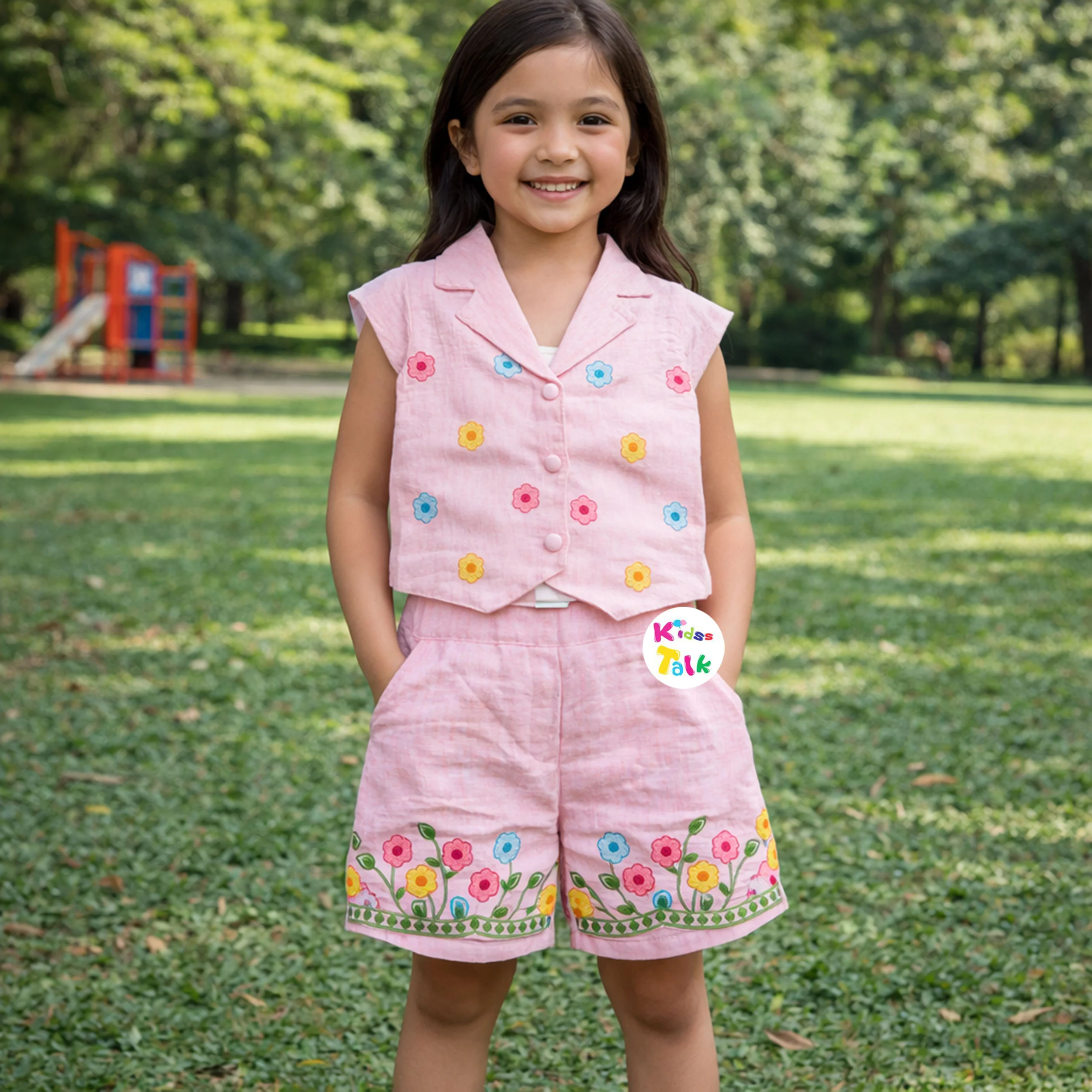 Cotton Sleeveless Embroidered Half Pant Set - Baby Pink