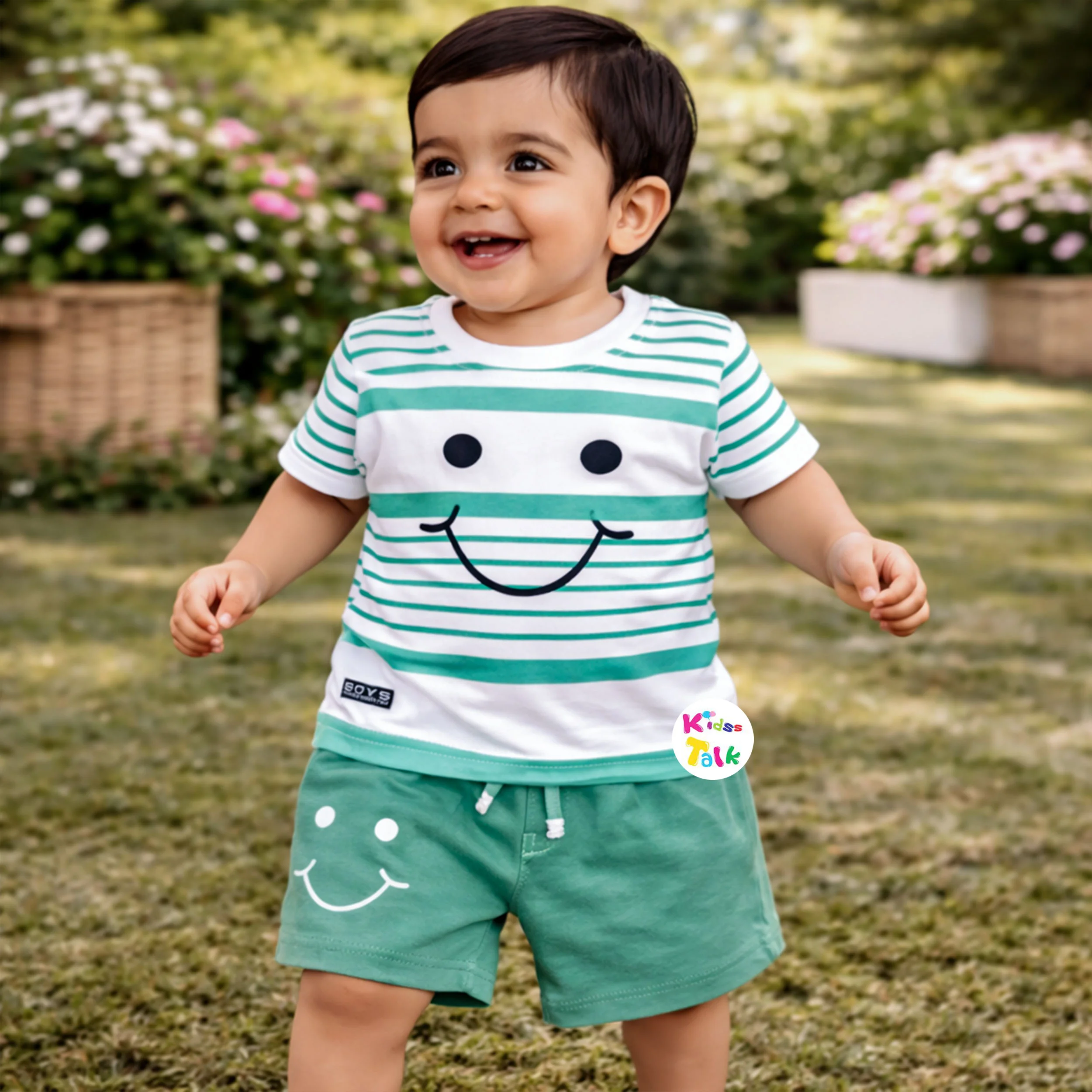 Cotton Knitted Half Sleeve T-shirt Set With Cute Print - Green