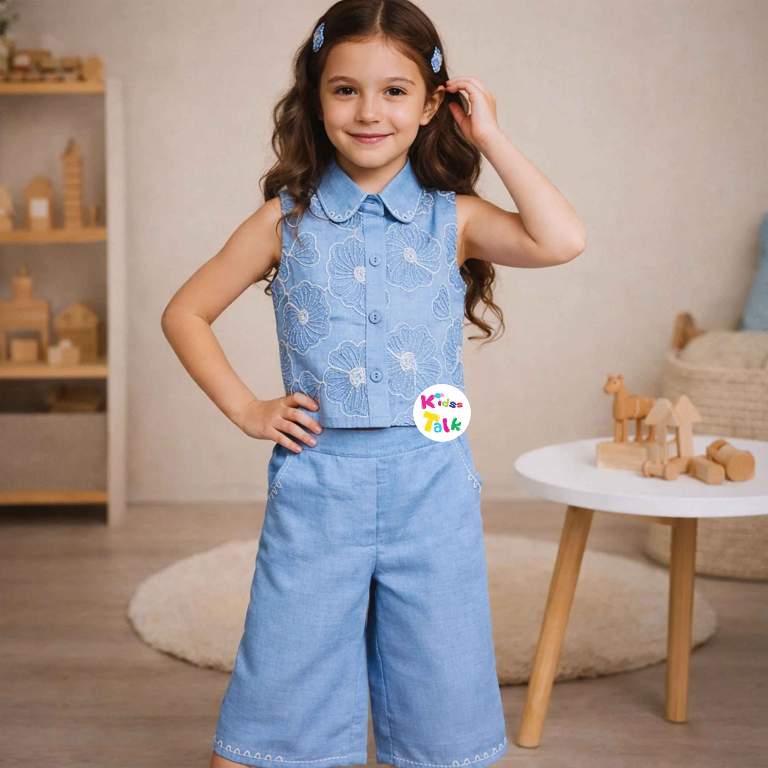 Cotton Sleeveless Culottes Set With Cute Embroidered - Ice Blue