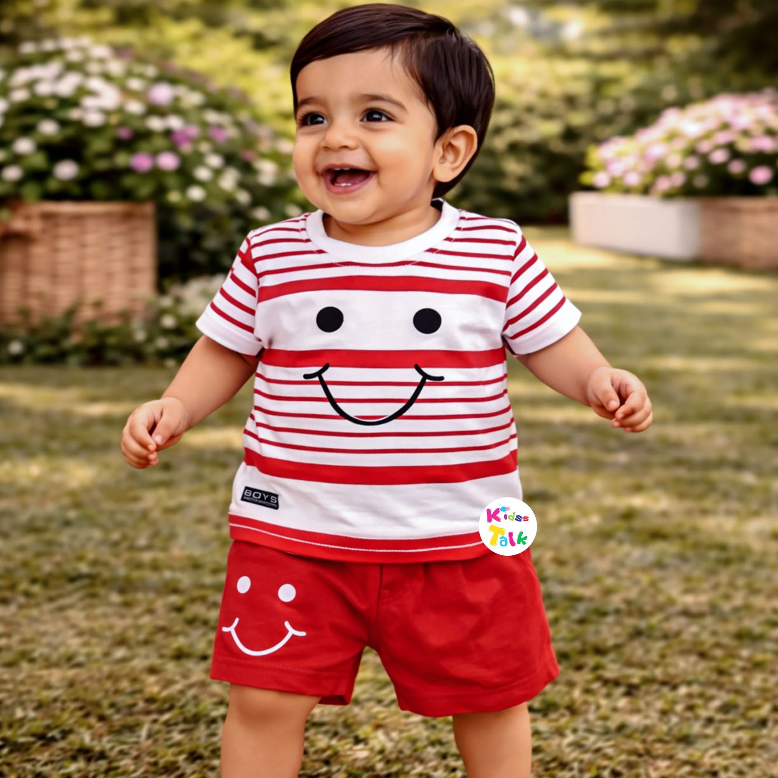 Cotton Knitted Half Sleeve T-shirt Set With Cute Print - Red